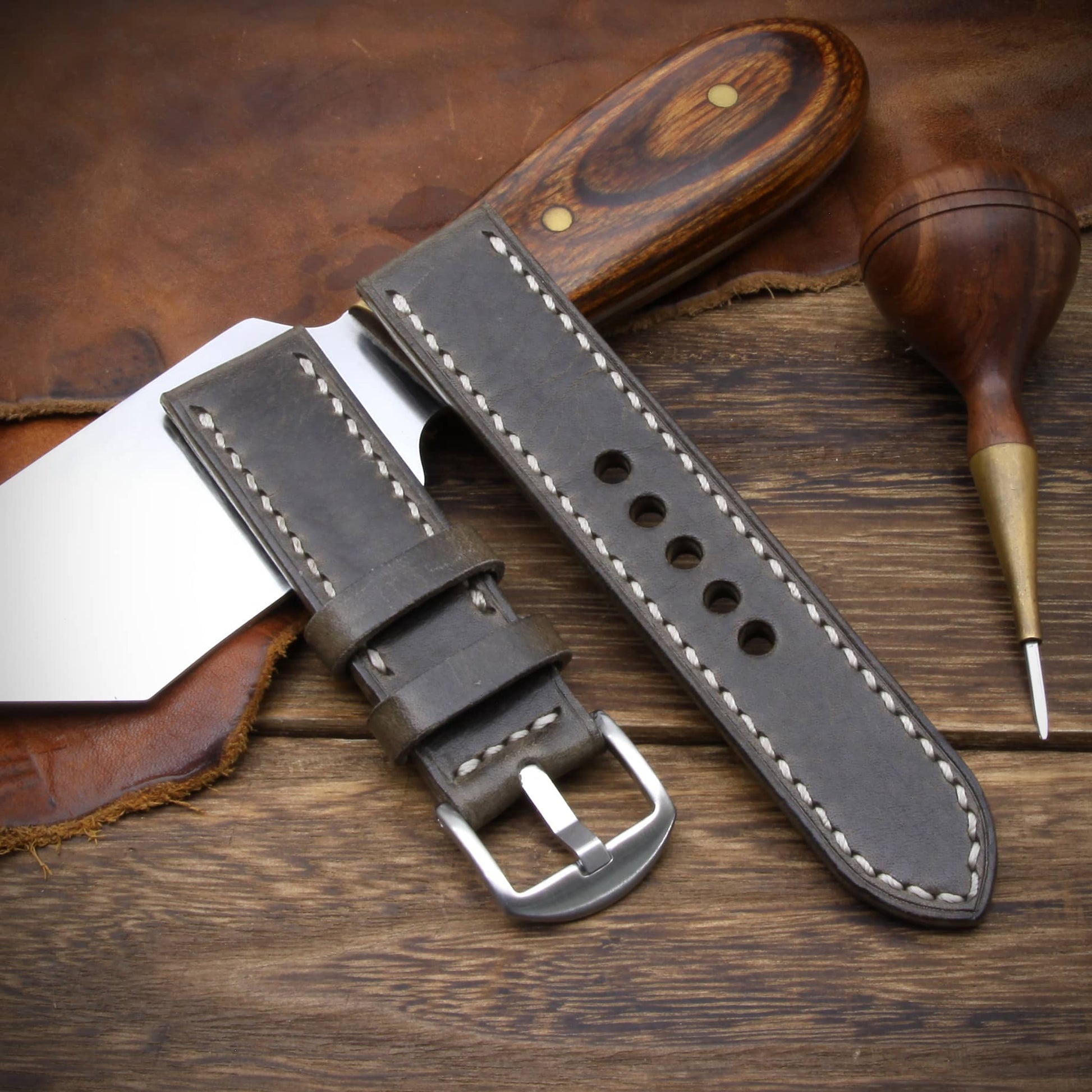 Leather Watch Strap, Douglas 116 (Dark Olive Grey) | Full Stitch | Cozy Handmade