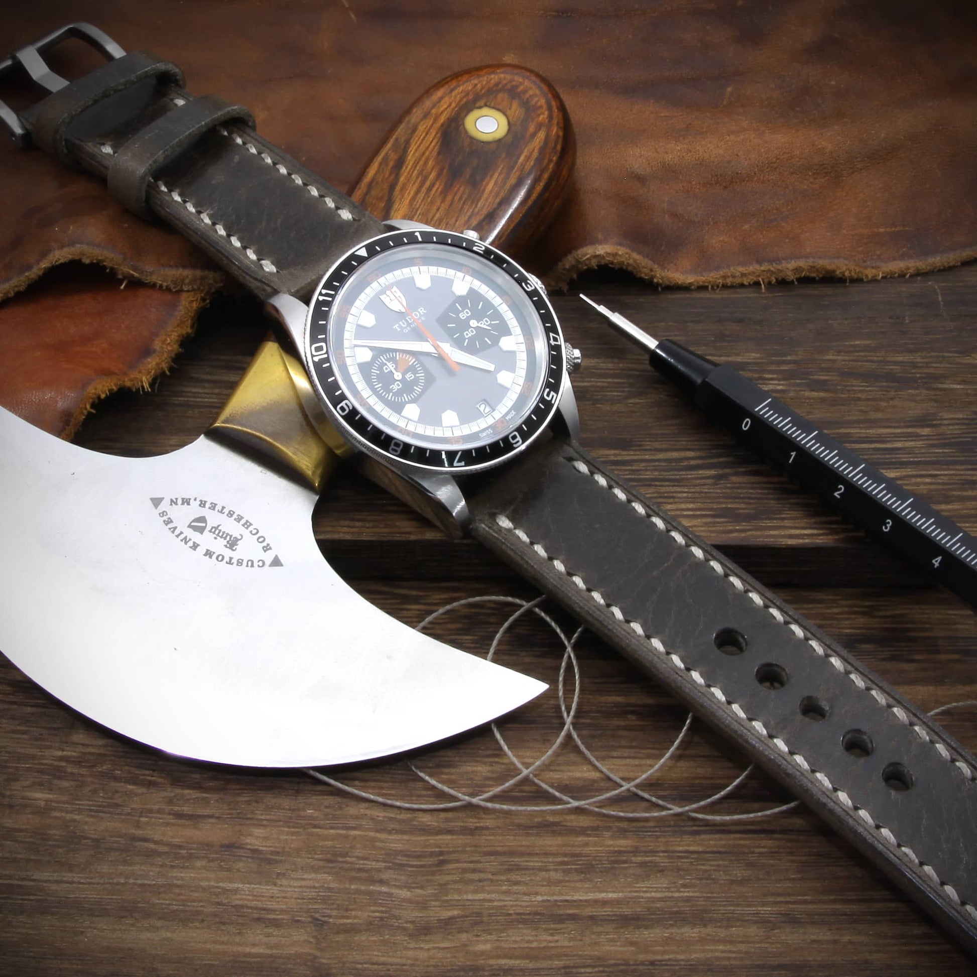 Leather Watch Strap, Douglas 116 (Dark Olive Grey) | Full Stitch | TUDOR Watch | Cozy Handmade