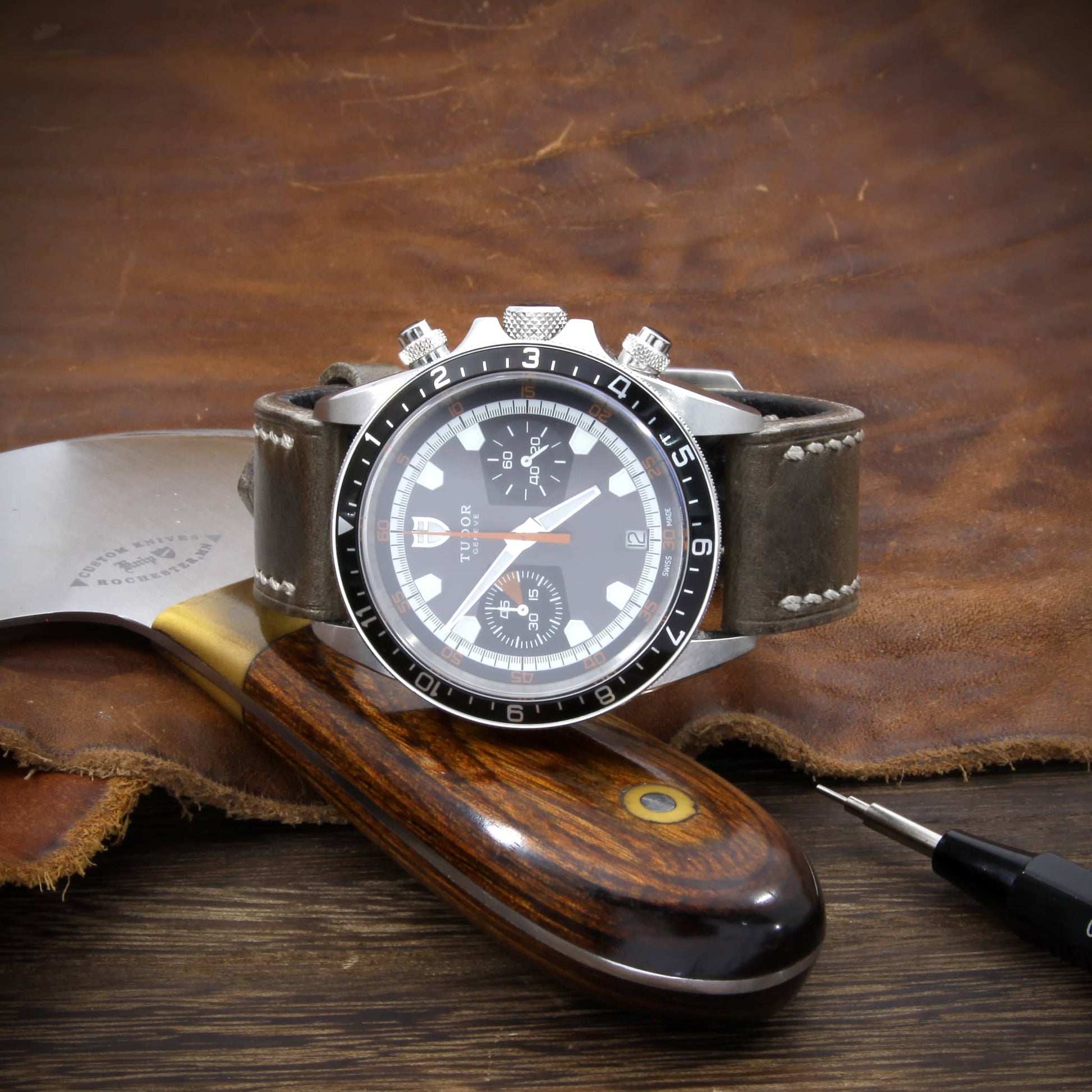 Leather Watch Strap, Douglas 116 (Dark Olive Grey) | Full Stitch | TUDOR Watch | Cozy Handmade
