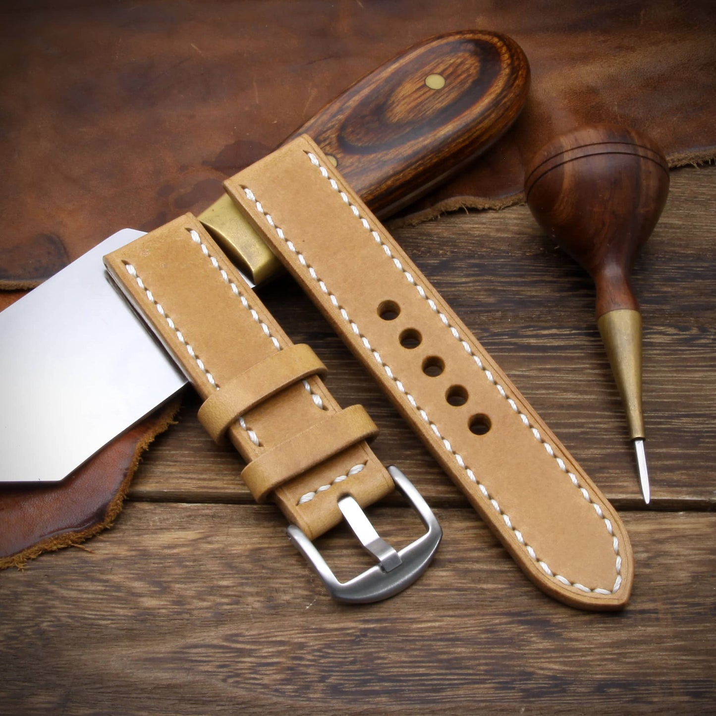 Leather Watch Strap, Sequoia 101 (Caramel Tan) | Full Stitch | Cozy Handmade