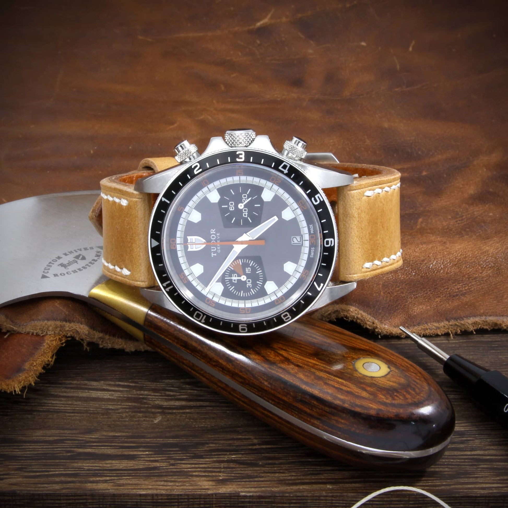 Leather Watch Strap, Sequoia 101 (Caramel Tan) | Full Stitch | TUDOR Watch | Cozy Handmade