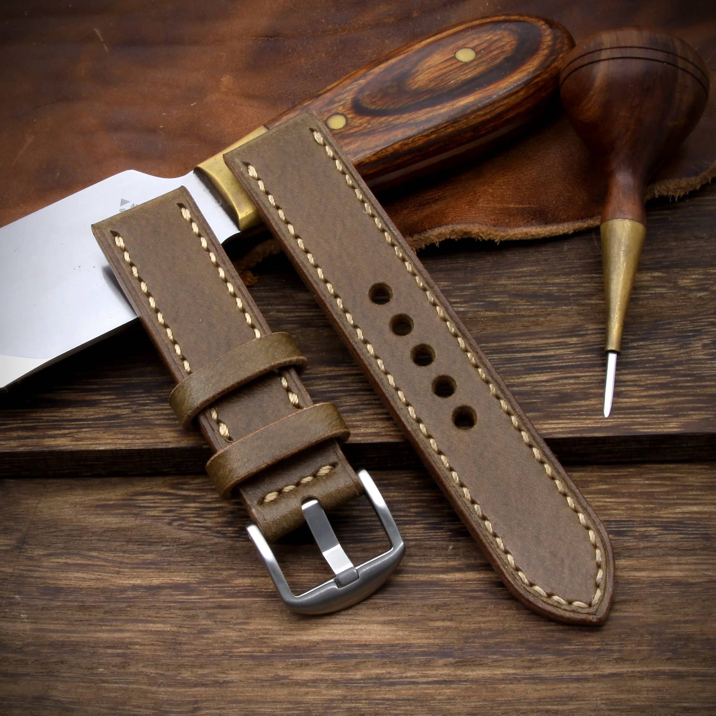 Leather Watch Strap, Sequoia 104 (Coffee Brown) | Full Stitch | Cozy Handmade