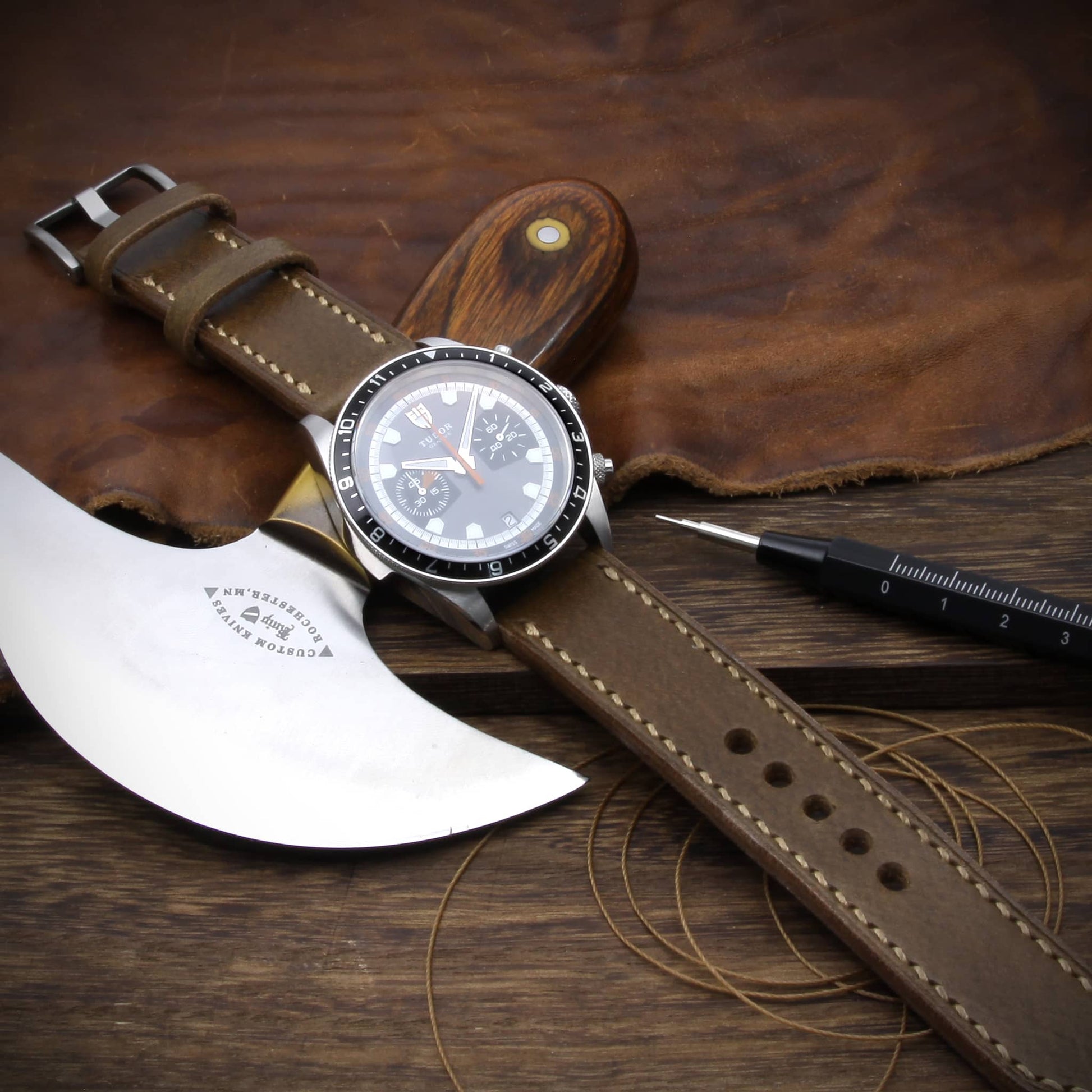 Leather Watch Strap, Sequoia 104 (Coffee Brown) | Full Stitch | TUDOR Watch | Cozy Handmade