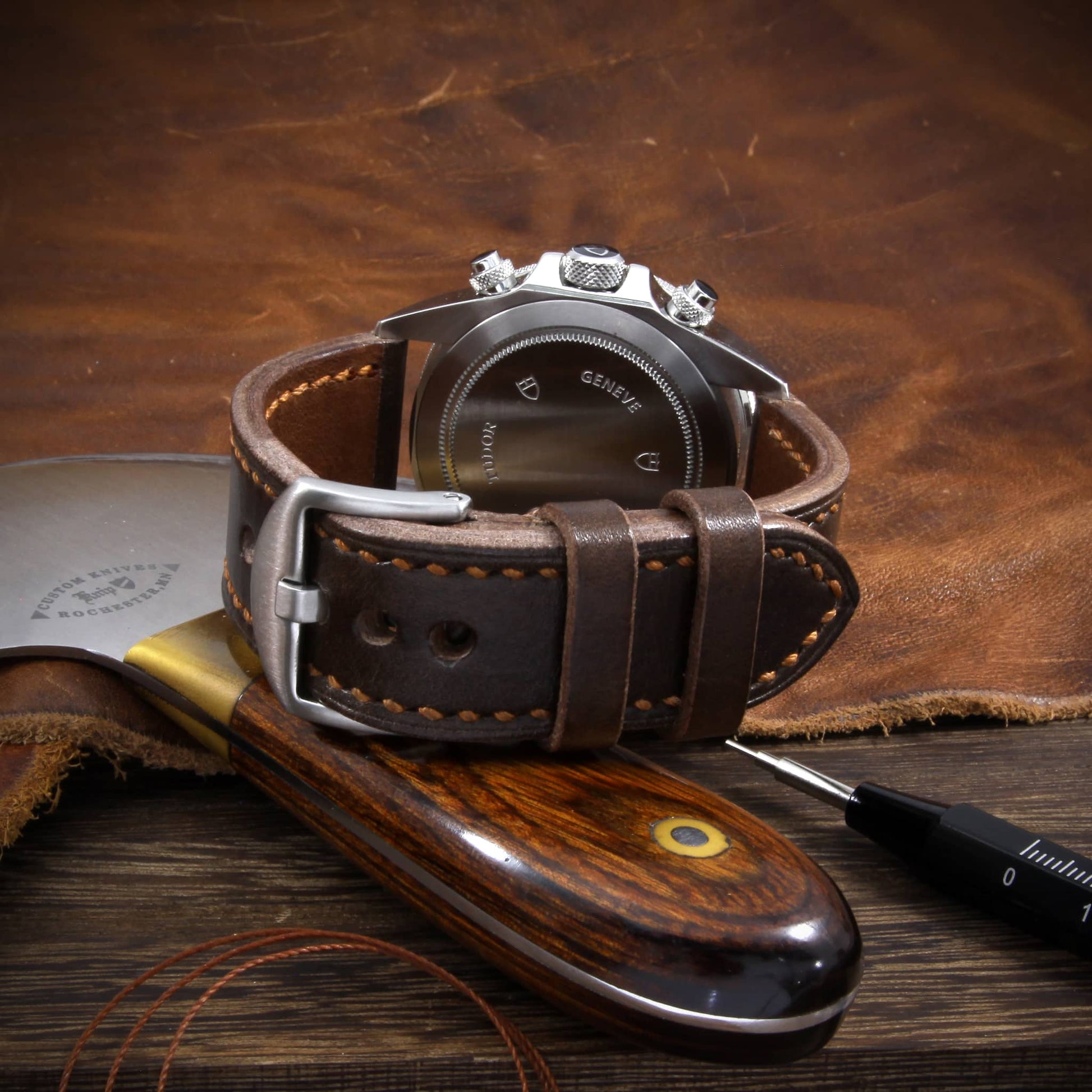 Leather Watch Strap, Sequoia 106 (Dark Brown) | Full Stitch | TUDOR Watch | Cozy Handmade
