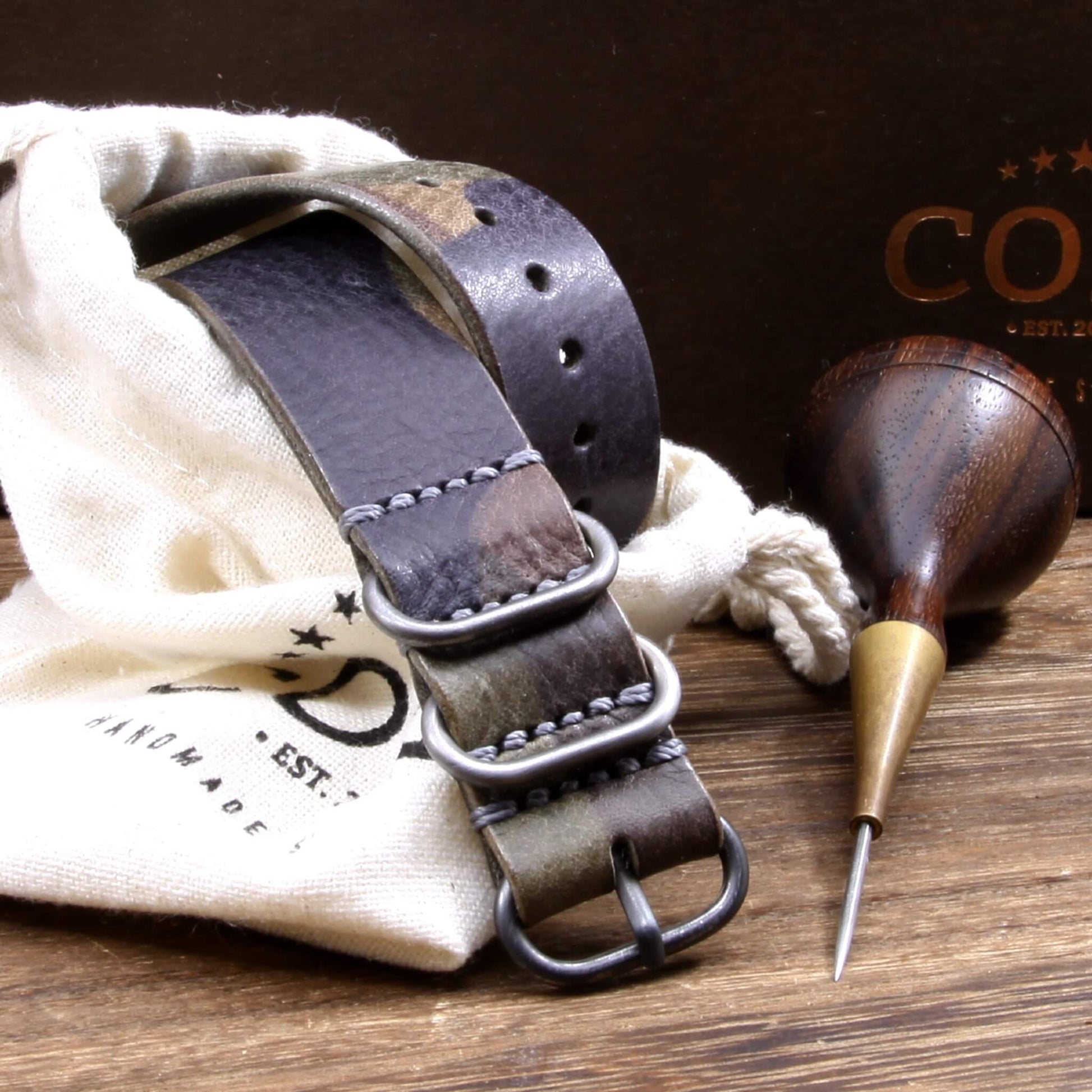 Leather Watch Strap, 4-Ring Camo Grigio | Full Grain Italian Veg Tanned Leather | Cozy Handmade