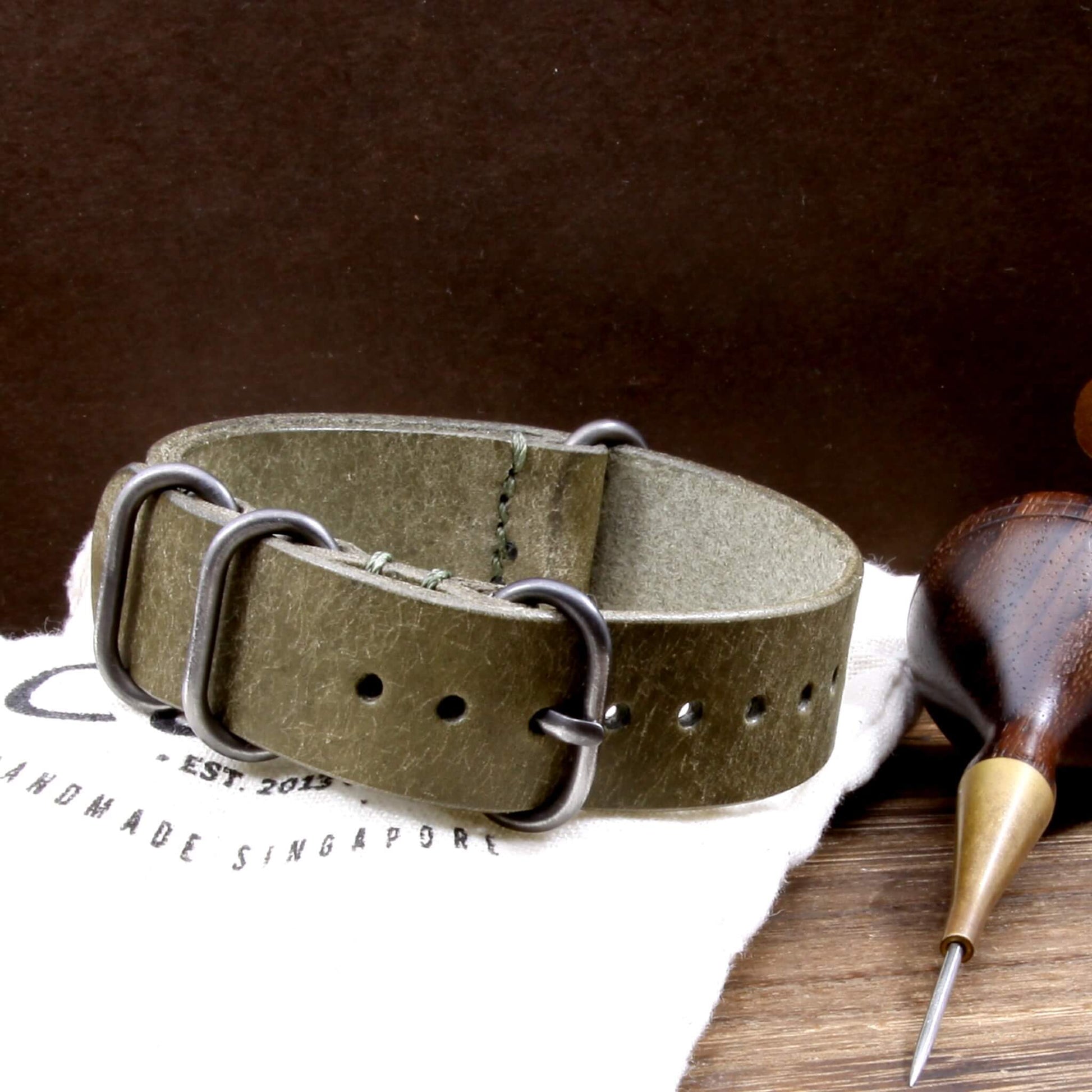Leather Watch Strap, 4-Ring Rustic Olive | Full Grain Italian Veg Tanned Leather | Cozy Handmade
