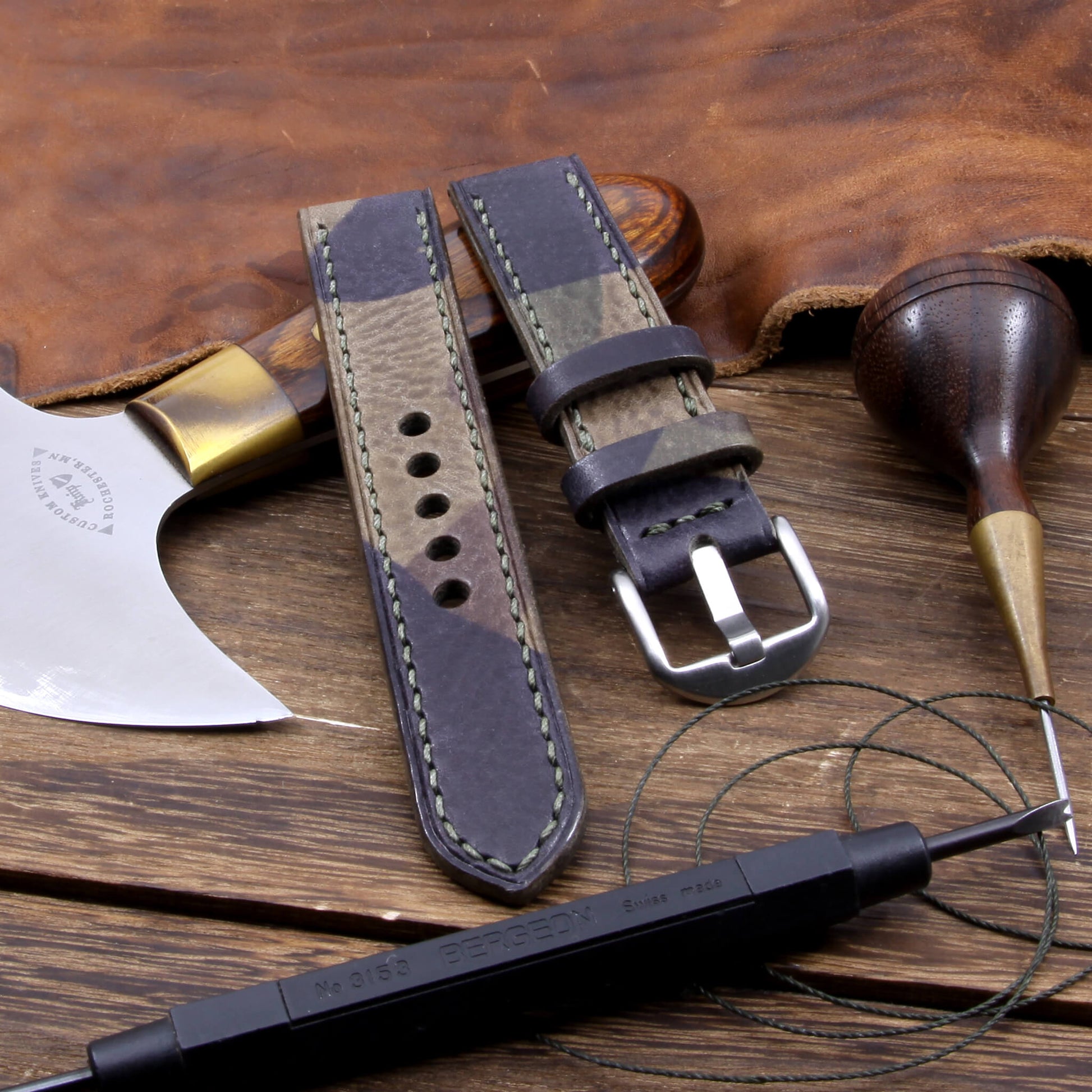 Leather Watch Strap, Camo Grigio | Full Stitch | Full Grain Italian Veg Tanned Leather | Cozy Handmade