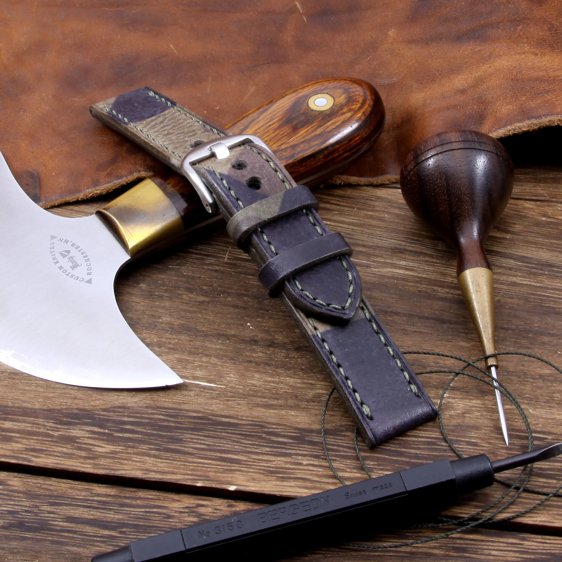 Leather Watch Strap, Camo Grigio | Full Stitch | Full Grain Italian Veg Tanned Leather | Cozy Handmade