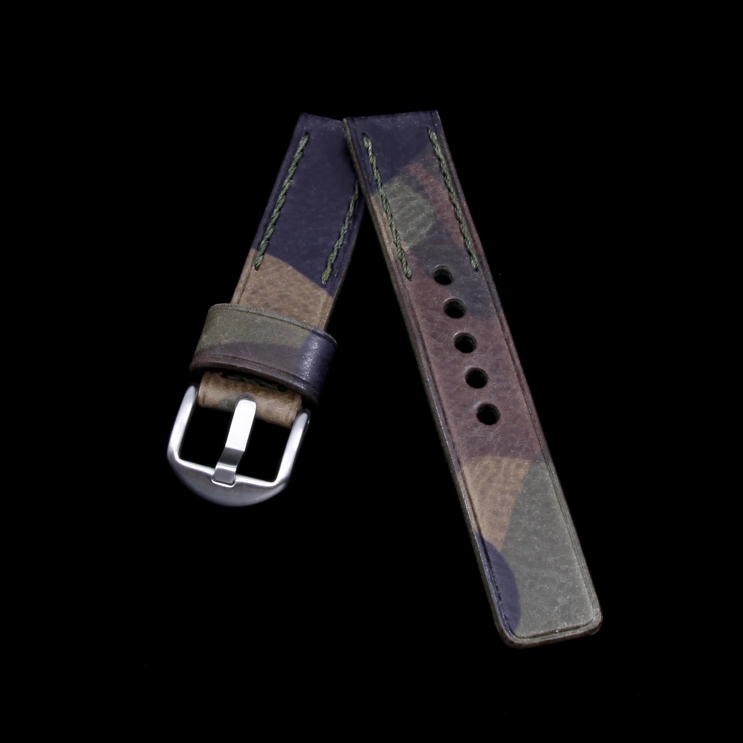 Leather Watch Strap, Camo Grigio | Embroidery Chain Stitch | Full Grain Italian Veg Tanned | Cozy Handmade