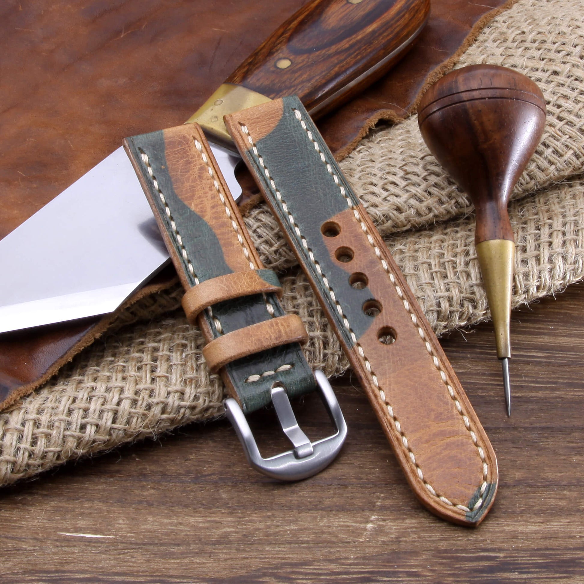 Leather Watch Strap, Military 101  | Full Stitch | Full Grain Italian Vegetable Tanned Leather | Cozy Handmade