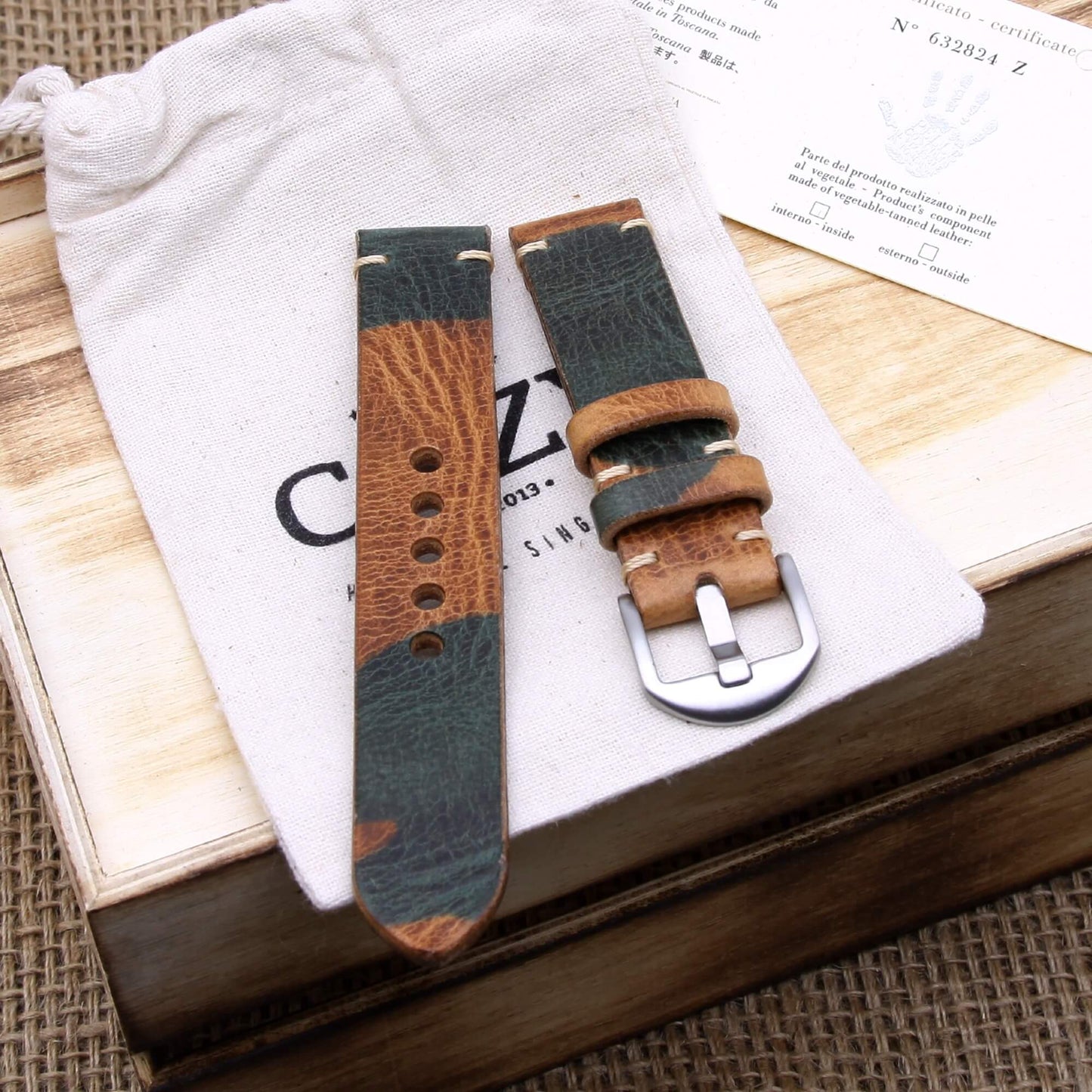 Leather Watch Strap, Military 101 Camouflage | Italian Veg-Tanned | Cozy Handmade