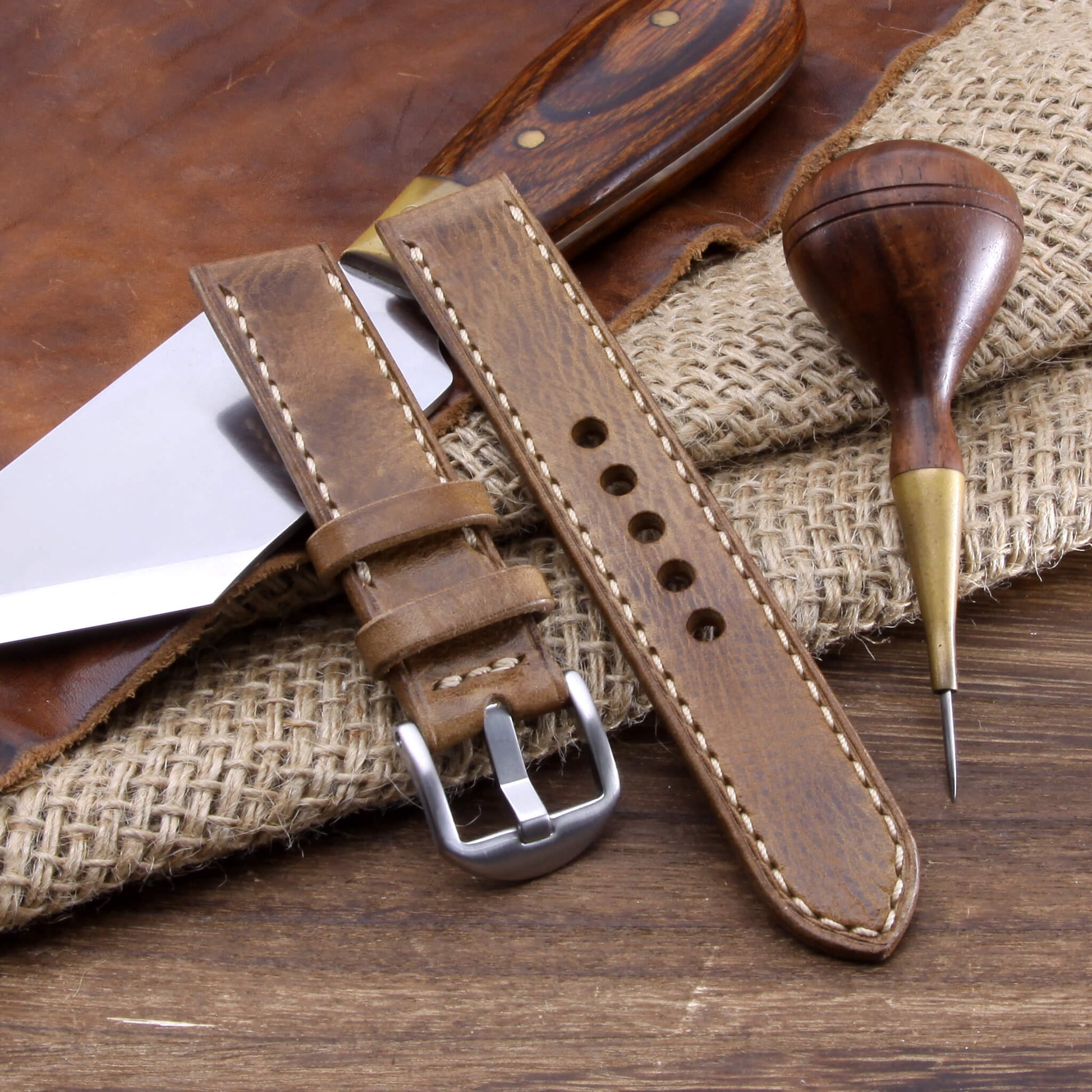 Leather Watch Strap, Military 102 | Full Stitch | Full Grain Italian Veg Tanned | Cozy Handmade