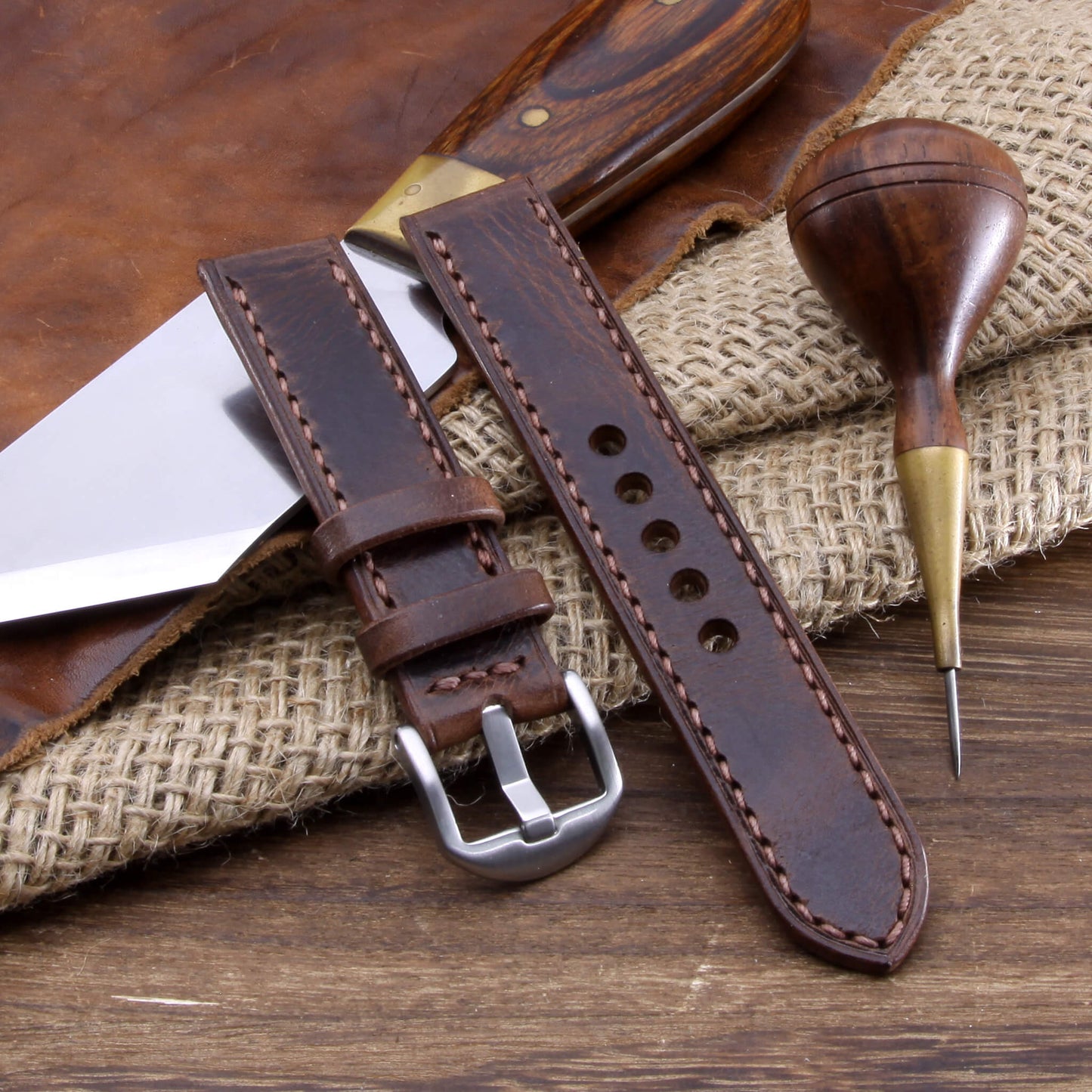 Leather Watch Strap, Military 103 | Full Stitch | Full Grain Italian Veg-Tanned | Cozy Handmade
