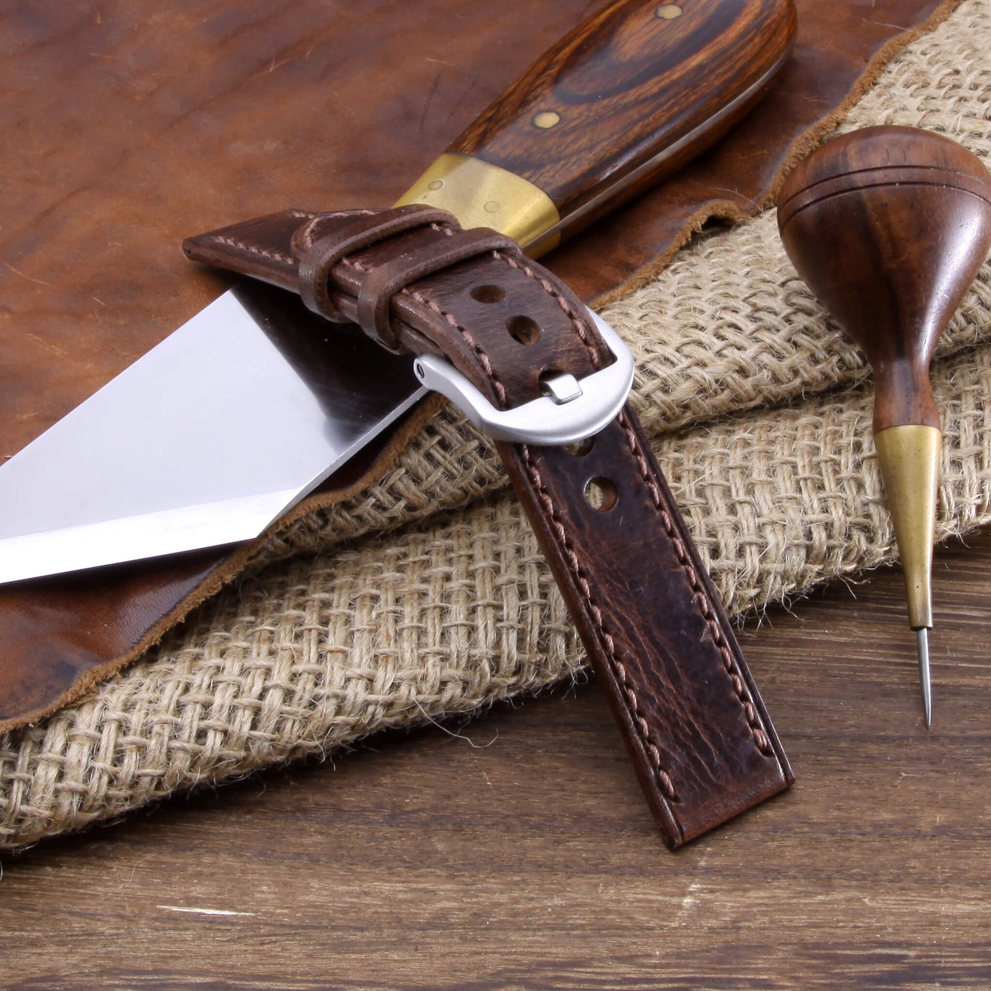 Leather Watch Strap, Military 103 | Full Stitch | Full Grain Italian Veg-Tanned | Cozy Handmade