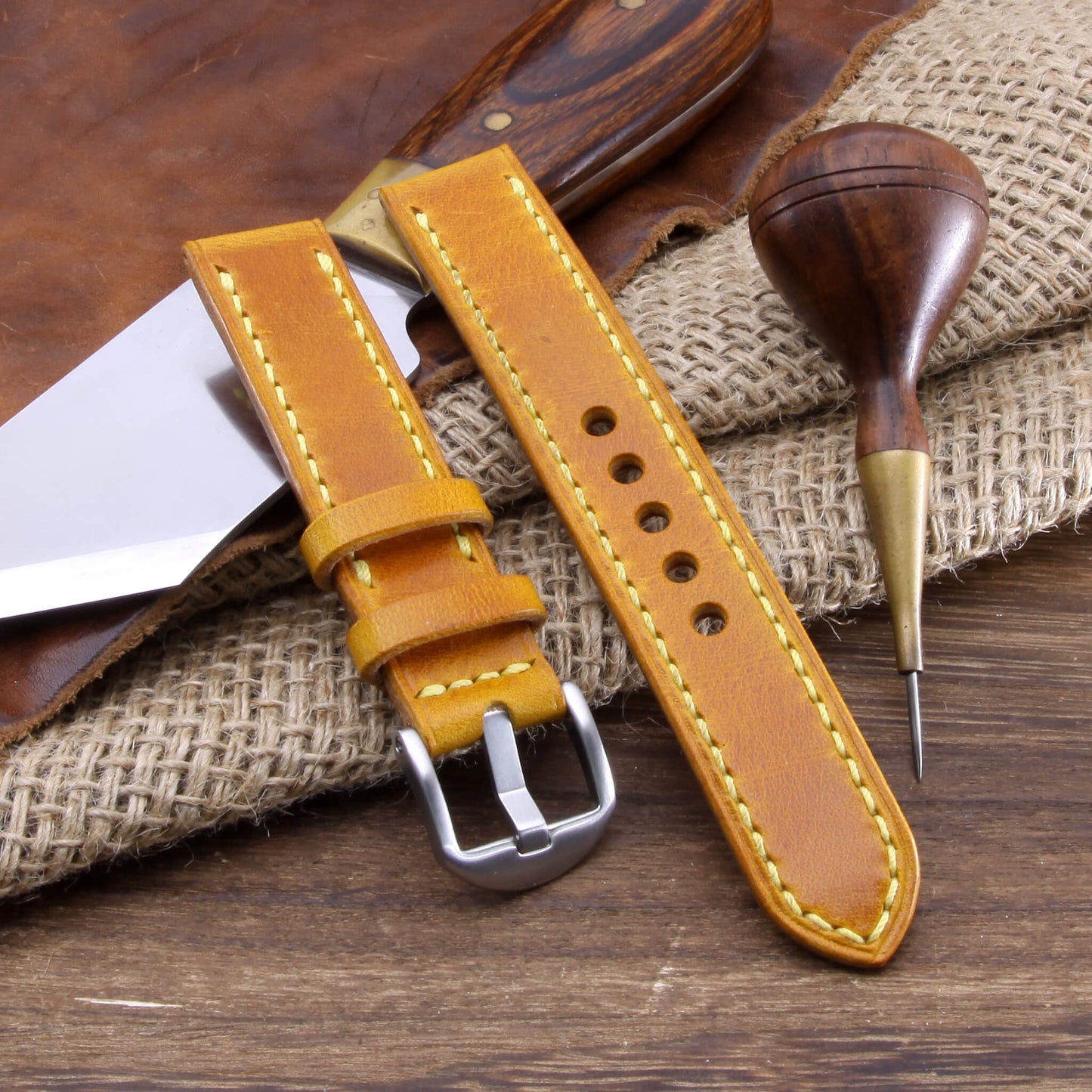 Leather Watch Strap, Military 104 | Full Stitch | Full Grain Italian Veg Tanned | Cozy Handmade