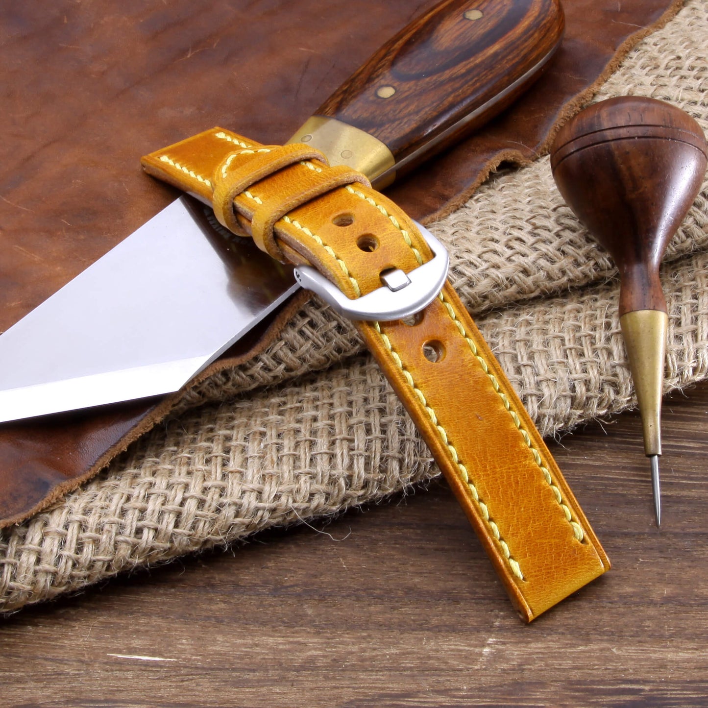 Leather Watch Strap, Military 104 | Full Stitch | Full Grain Italian Veg Tanned | Cozy Handmade