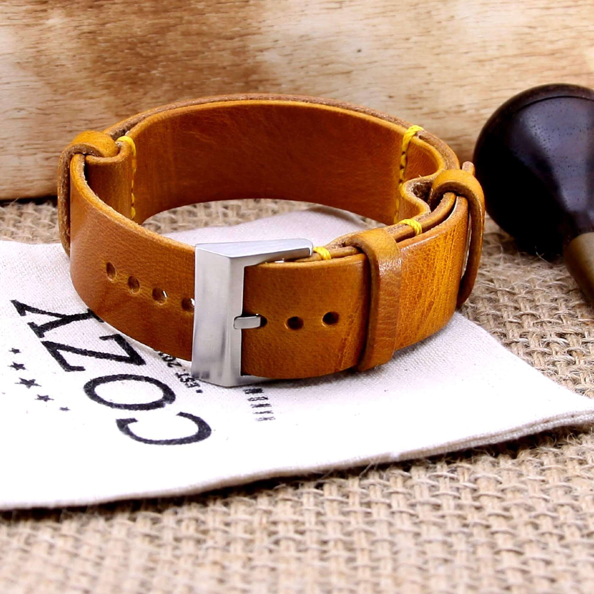 NAT2 Leather Watch Strap, Military 104 | Full Grain Italian Veg Tanned | Cozy Handmade