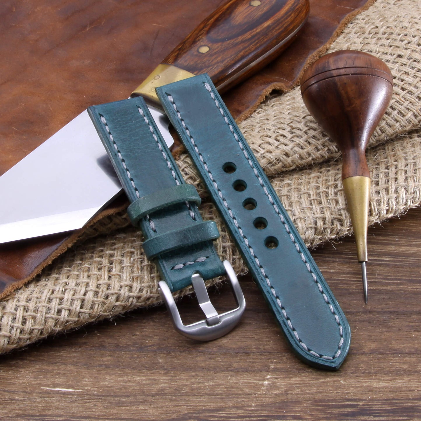 Leather Watch Strap, Military 106 | Full Stitch | Full Grain Italian Veg Tanned | Cozy Handmade