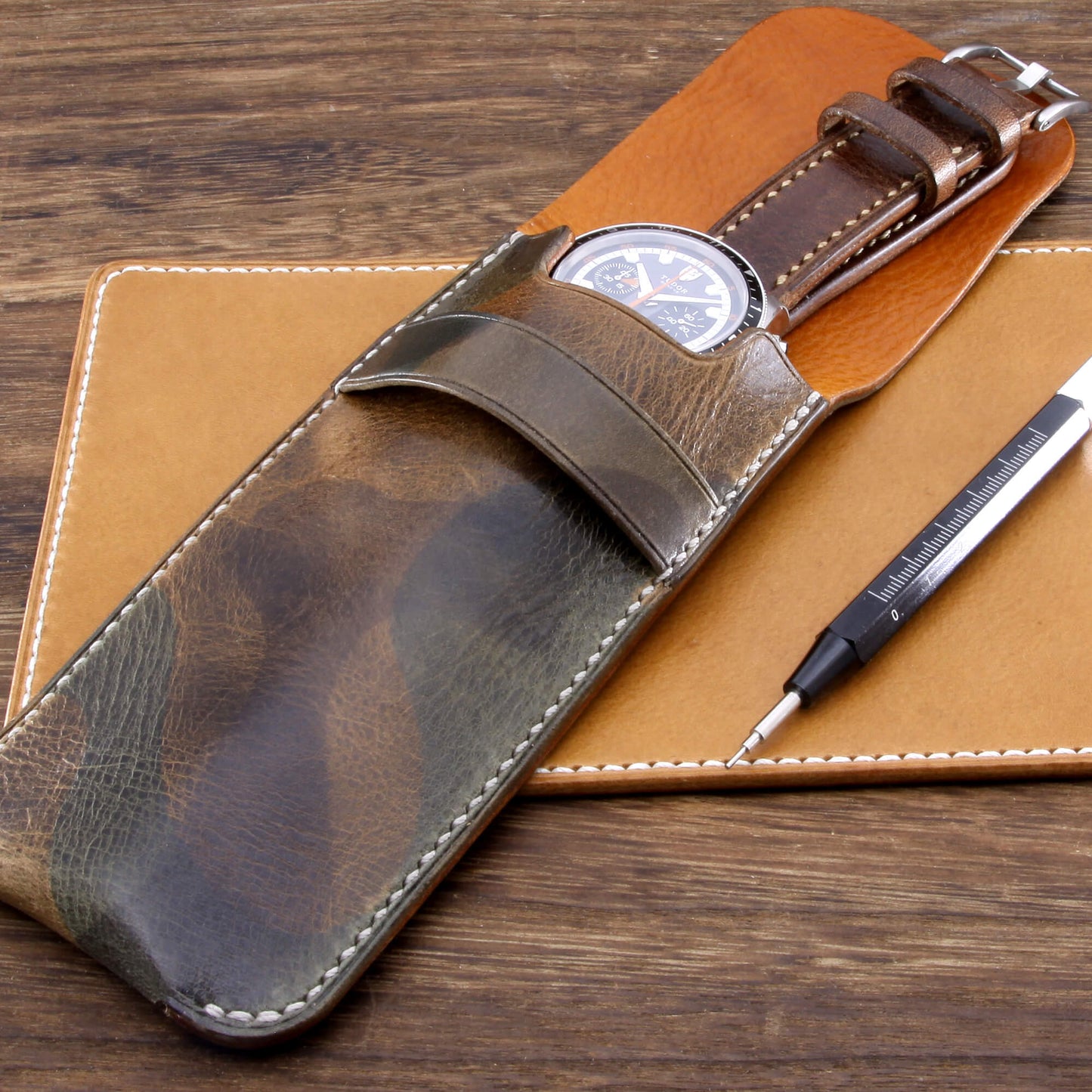 Leather Watch Pouch, Military 107 | Single Watch | Italian Veg Tanned | Cozy Handmade