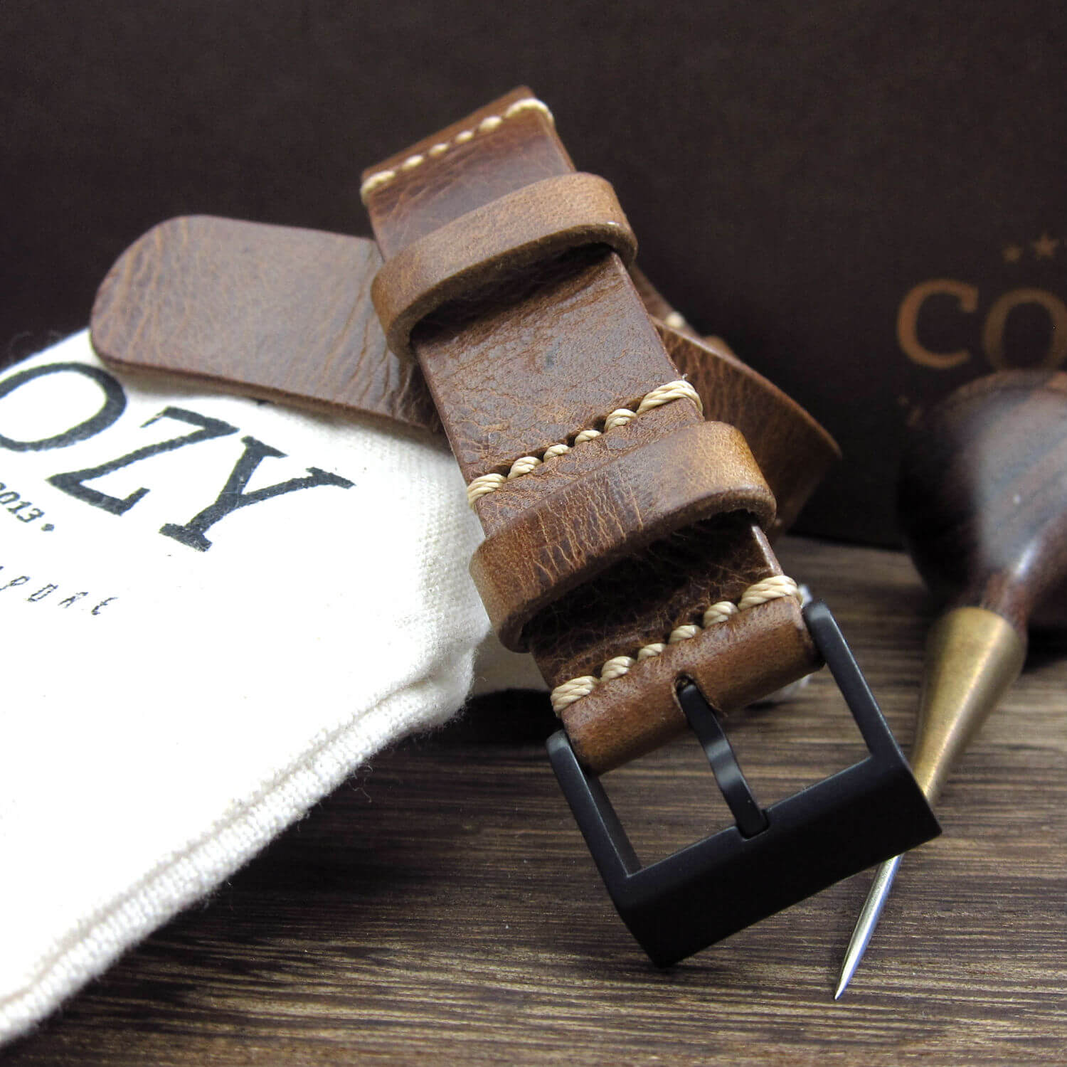 Leather NATO Strap, NAT2 Military 102 (Black PVD Buckle Finish) | Full Grain Italian Veg Tanned | Cozy Handmade