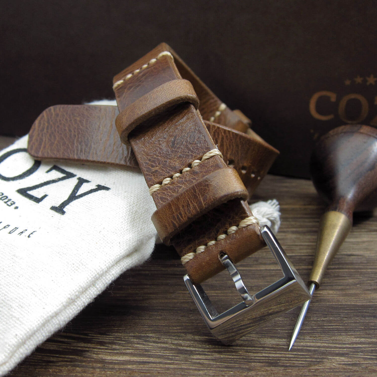 Leather NATO Strap, NAT2 Military 102 (Polished Steel Buckle Finish) | Full Grain Italian Veg Tanned | Cozy Handmade