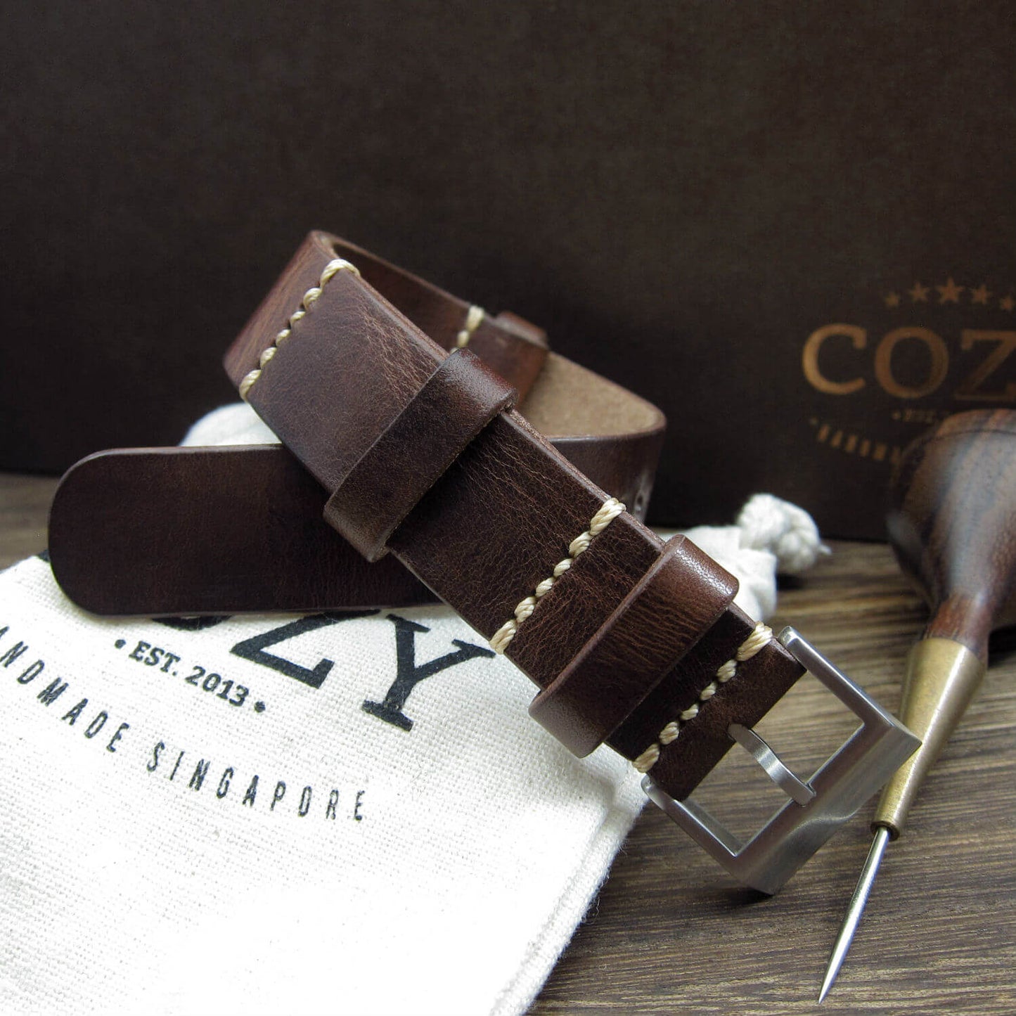 NAT2 Leather Watch Strap, Military 103 (Brushed Steel Buckle Finish) | Full Grain Italian Veg Tanned | Cozy Handmade