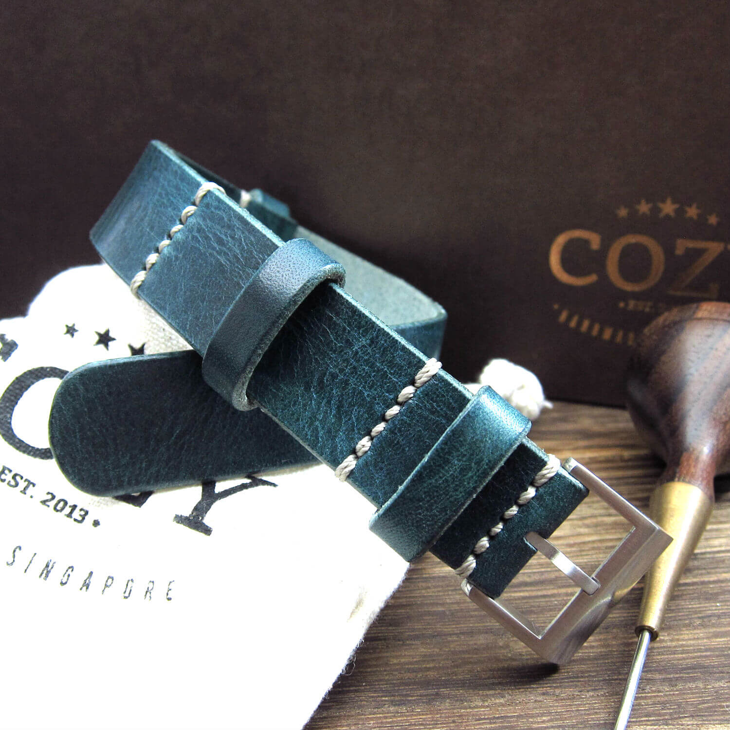 NAT2 Leather Watch Strap, Military 106 (Brushed Steel Buckle Finish) | Full Grain Italian Veg Tanned | Cozy Handmade
