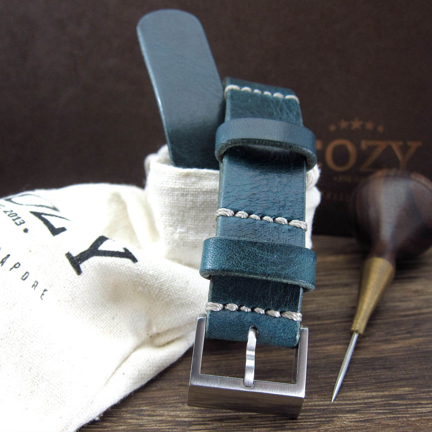 NAT2 Leather Watch Strap, Military 106 (Brushed Steel Buckle Finish) | Full Grain Italian Veg Tanned | Cozy Handmade