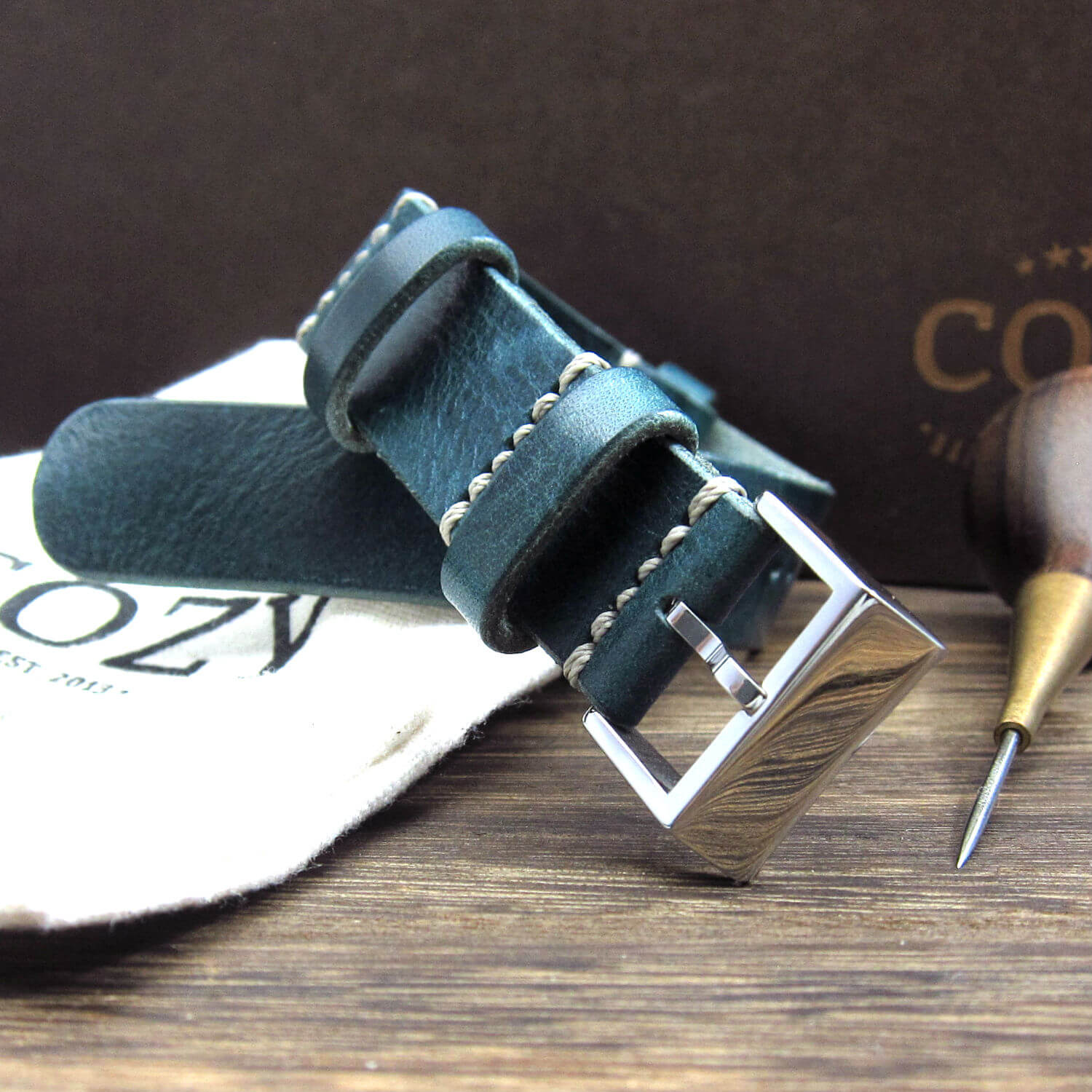 NAT2 Leather Watch Strap, Military 106 (Polished Steel Buckle Finish) | Full Grain Italian Veg Tanned | Cozy Handmade