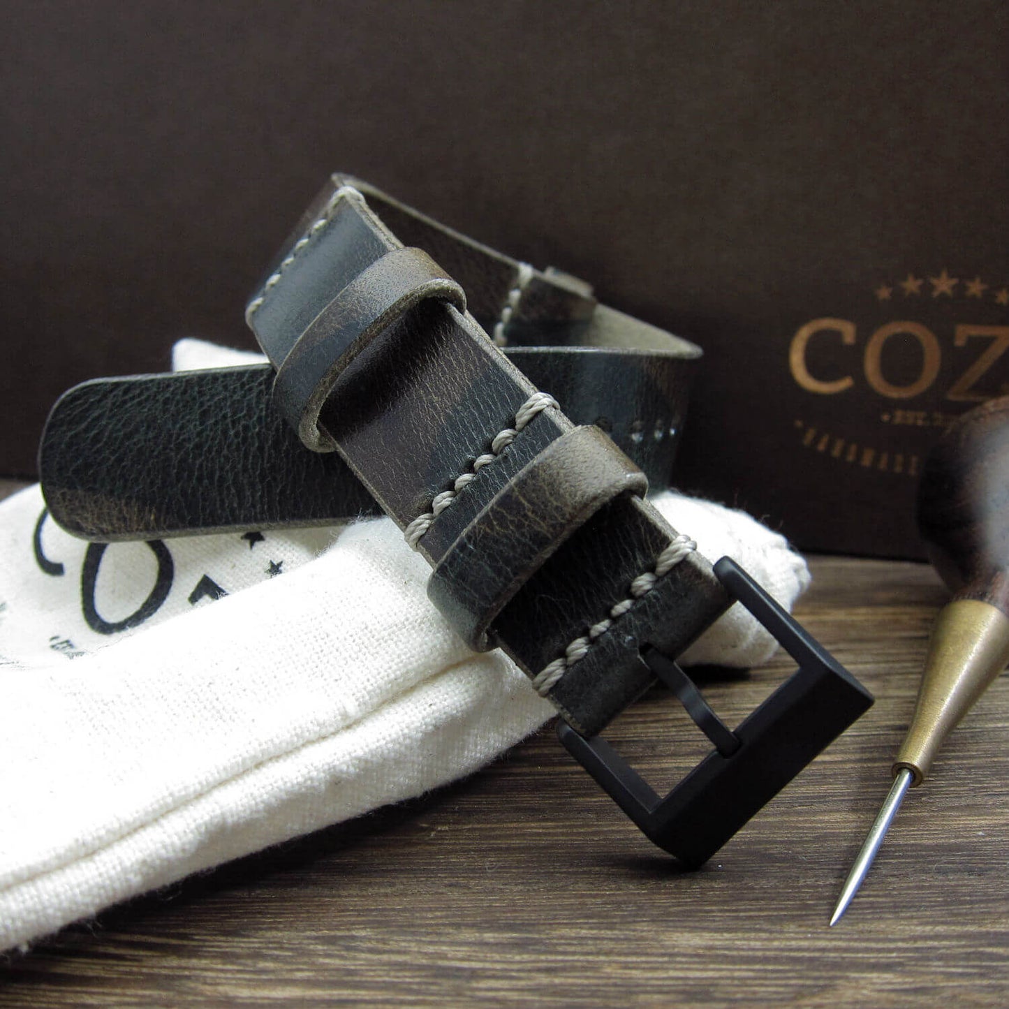 NAT2 Leather Watch Strap, Military 107 (Black PVD Buckle Finish) | Full Grain Italian Veg Tanned | Cozy Handmade