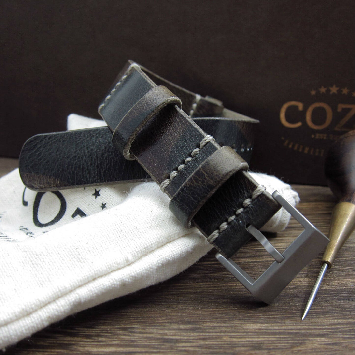 NAT2 Leather Watch Strap, Military 107 (Matte Steel Buckle Finish) | Full Grain Italian Veg Tanned | Cozy Handmade