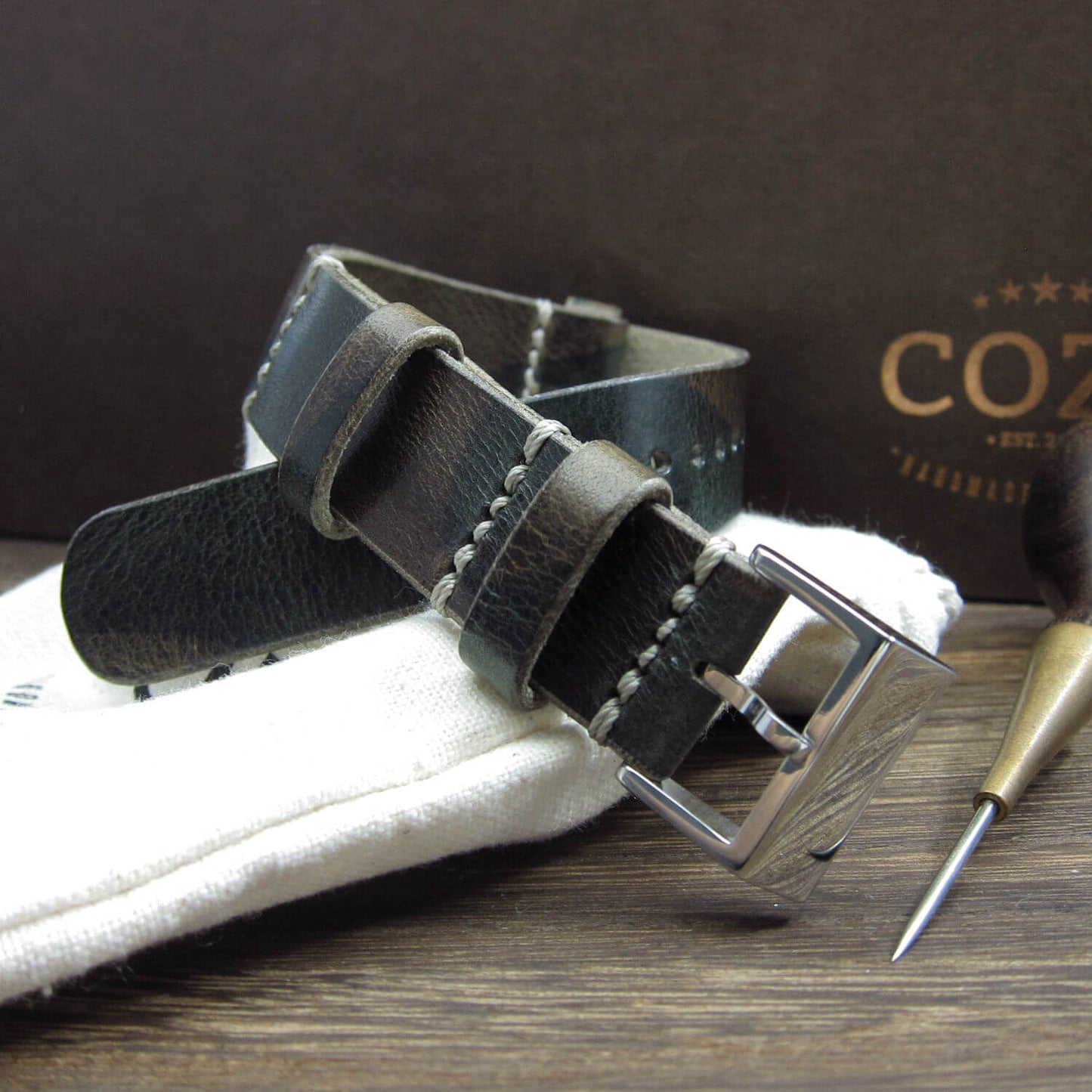 NAT2 Leather Watch Strap, Military 107 (Polished Steel Buckle Finish) | Full Grain Italian Veg Tanned | Cozy Handmade