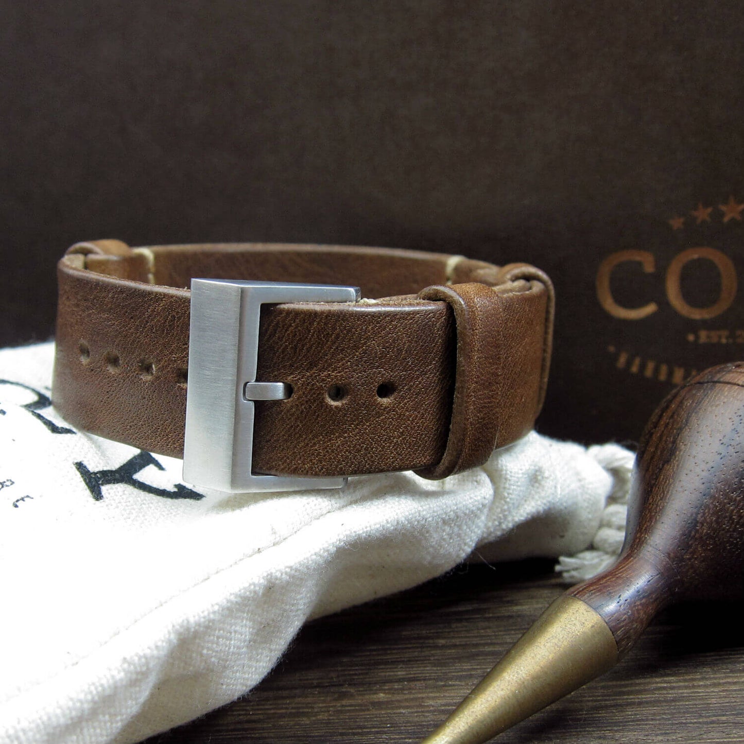 NAT2 Leather Watch Strap, Vintage 402 (Brushed Steel Finish Buckle) | Full Grain Italian Veg Tanned | Cozy Handmade