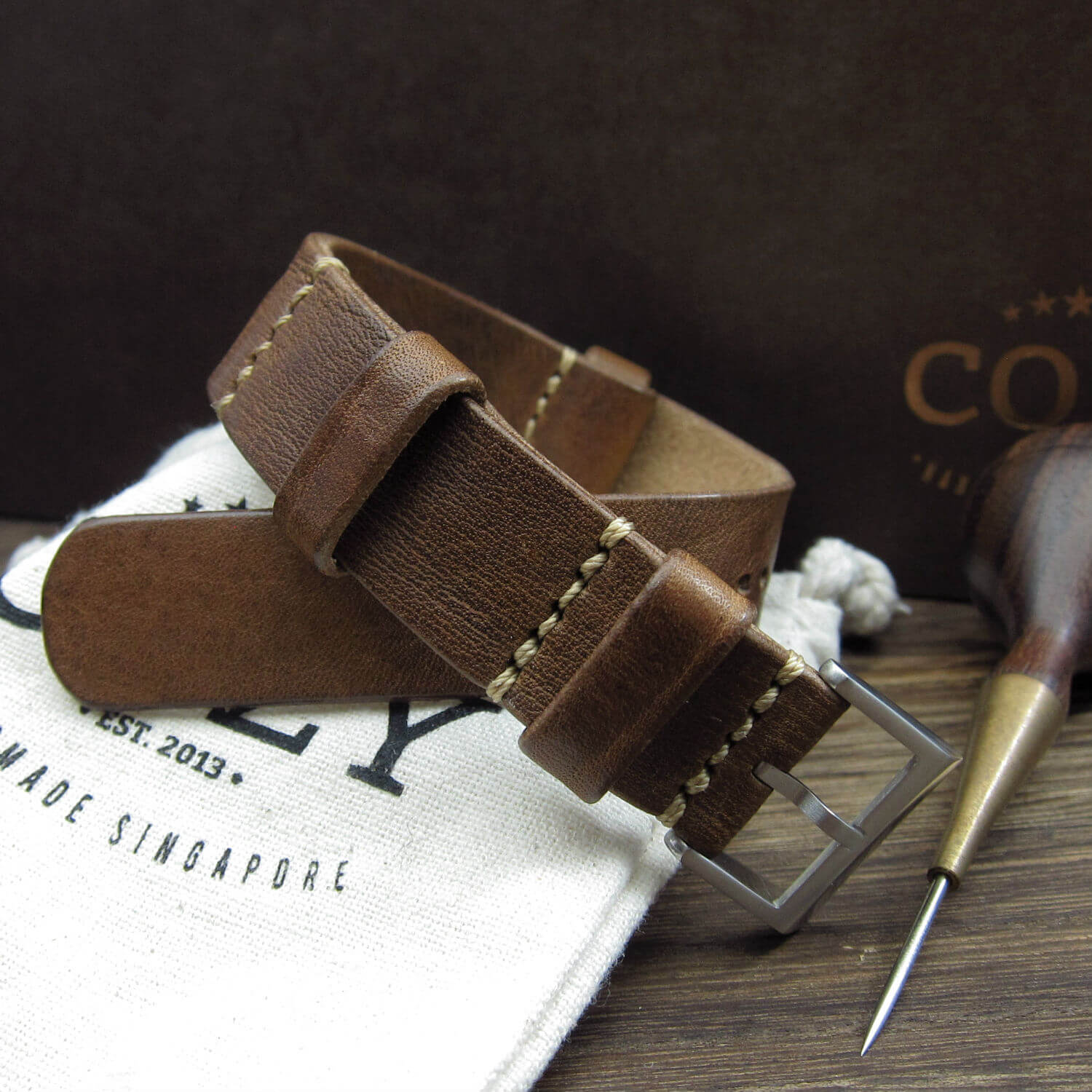 NAT2 Leather Watch Strap, Vintage 402 (Brushed Steel Finish Buckle) | Full Grain Italian Veg Tanned | Cozy Handmade