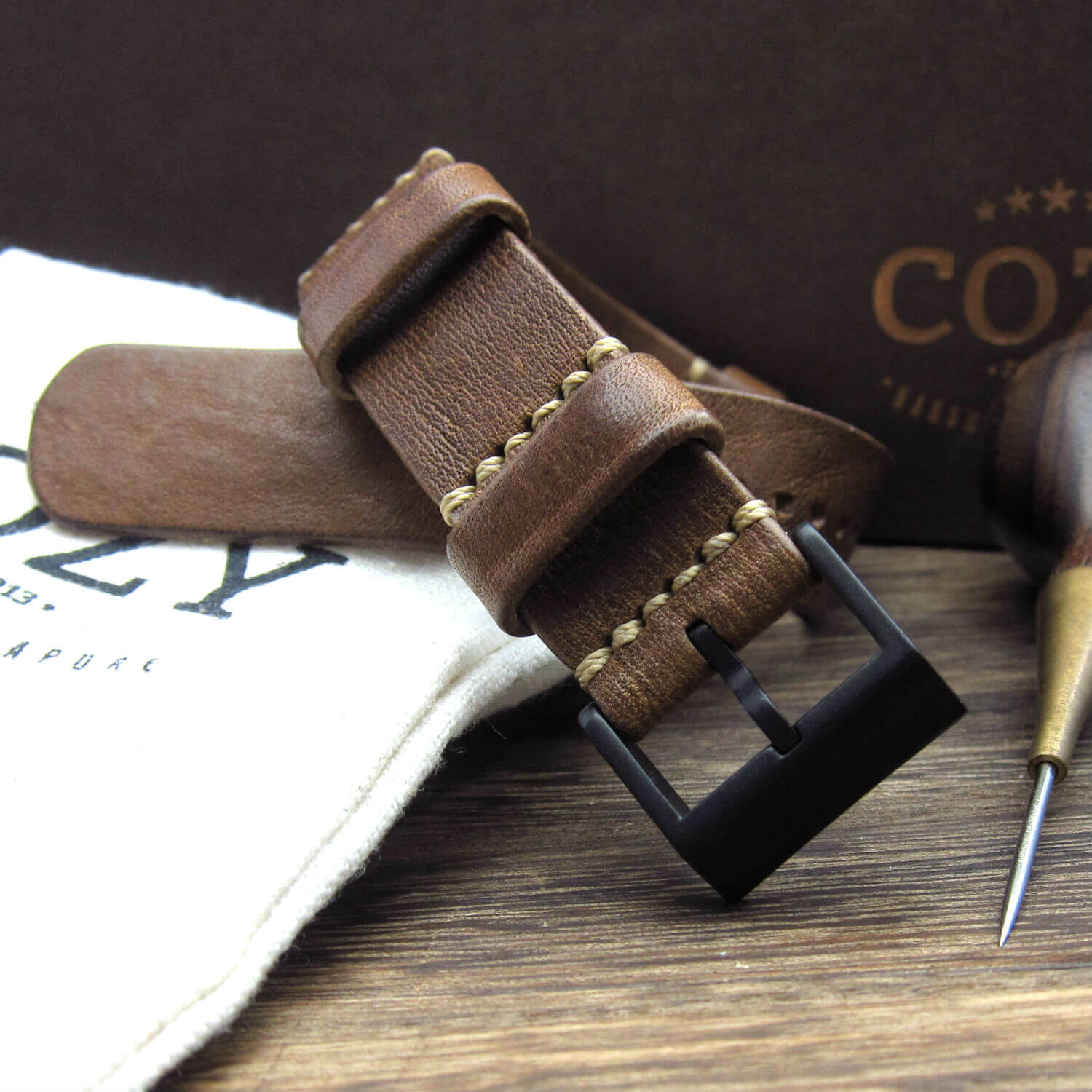 NAT2 Leather Watch Strap, Vintage 402 (Black PVD Finish Buckle) | Full Grain Italian Veg Tanned | Cozy Handmade