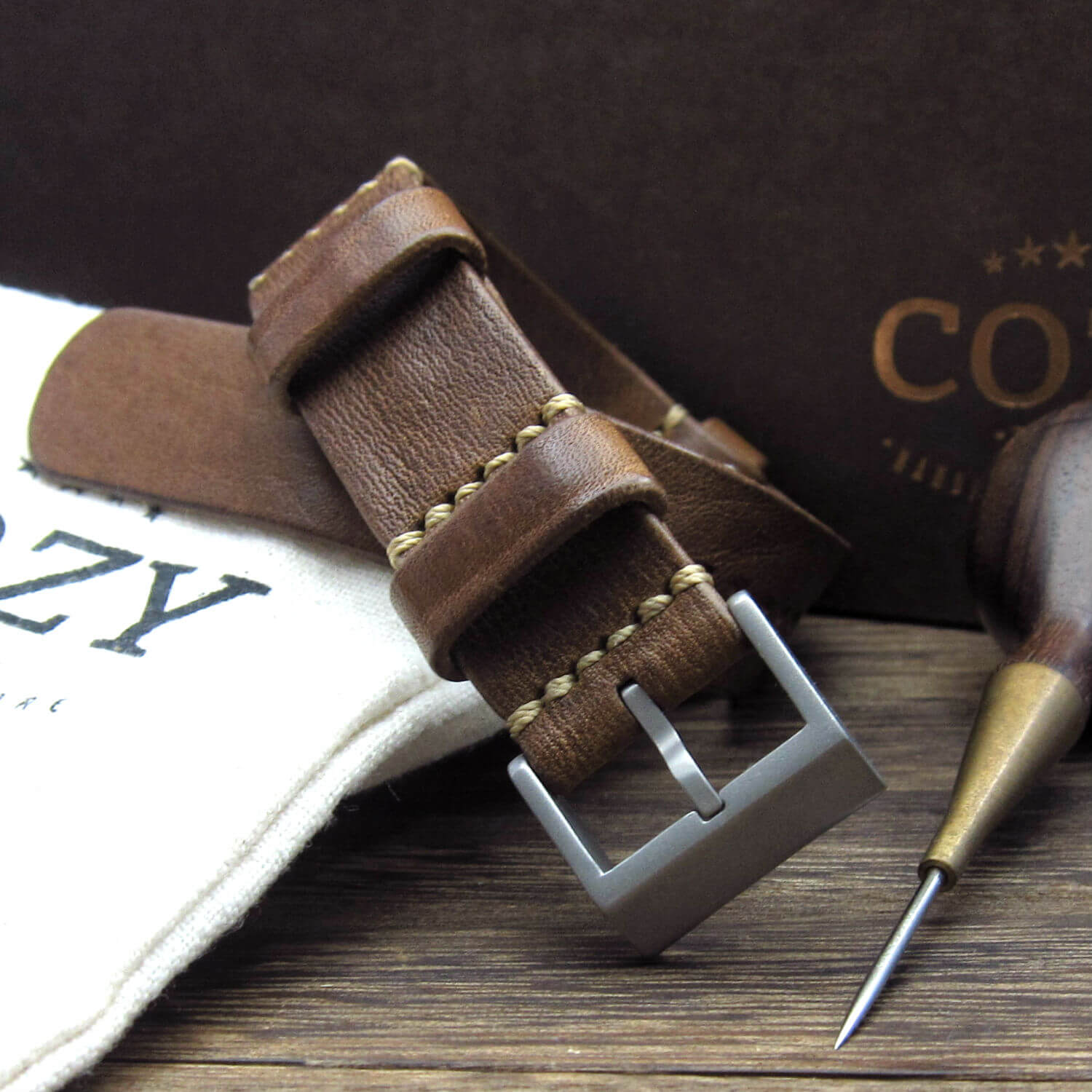 Leather NATO Strap, NAT2 Vintage 402 (Matte Steel Finish Buckle) | Full Grain Italian Veg Tanned | Cozy Handmade