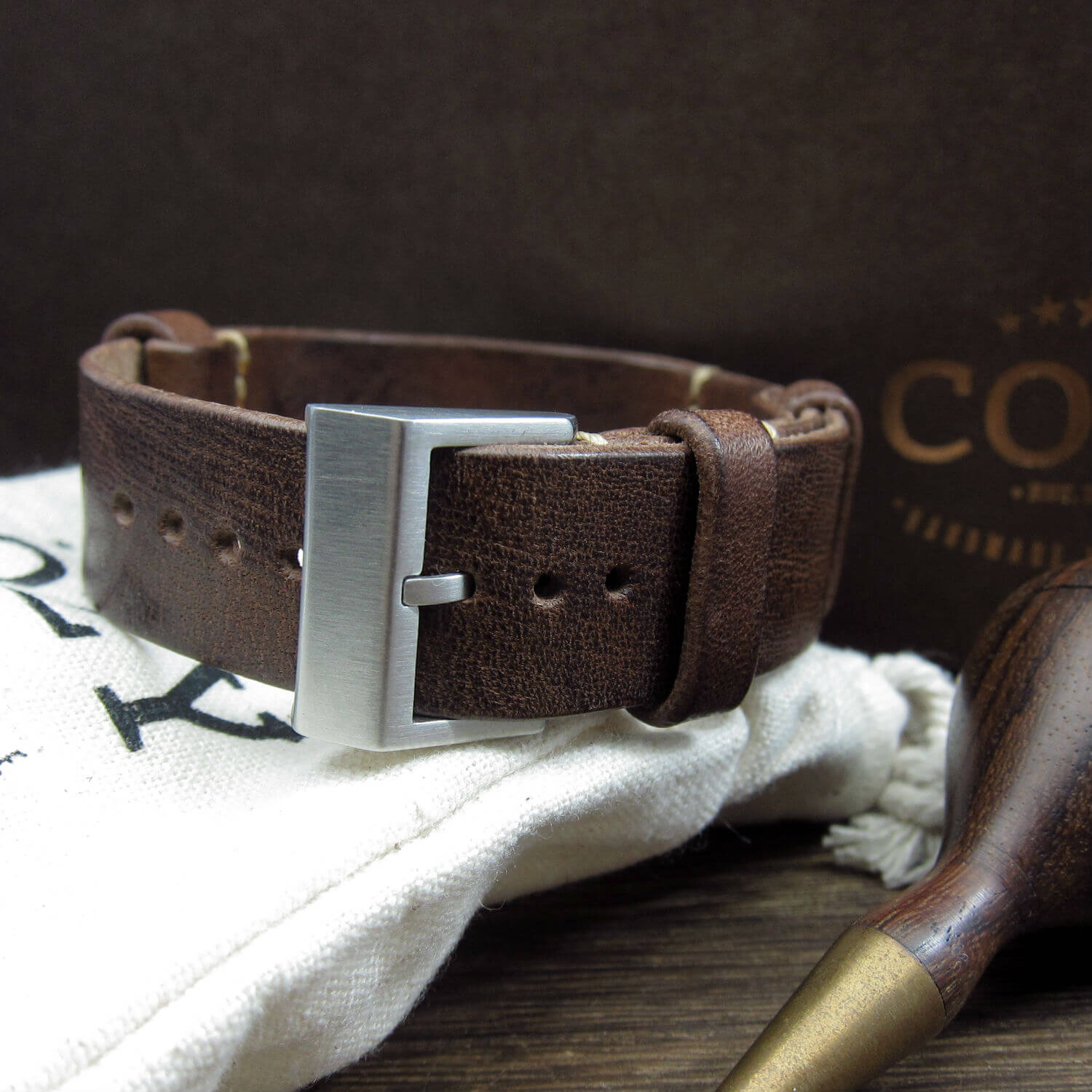 NAT2 Leather Watch Strap, Vintage 405 (Brushed Steel Finish Buckle) | Full Grain Italian Veg Tanned | Cozy Handmade