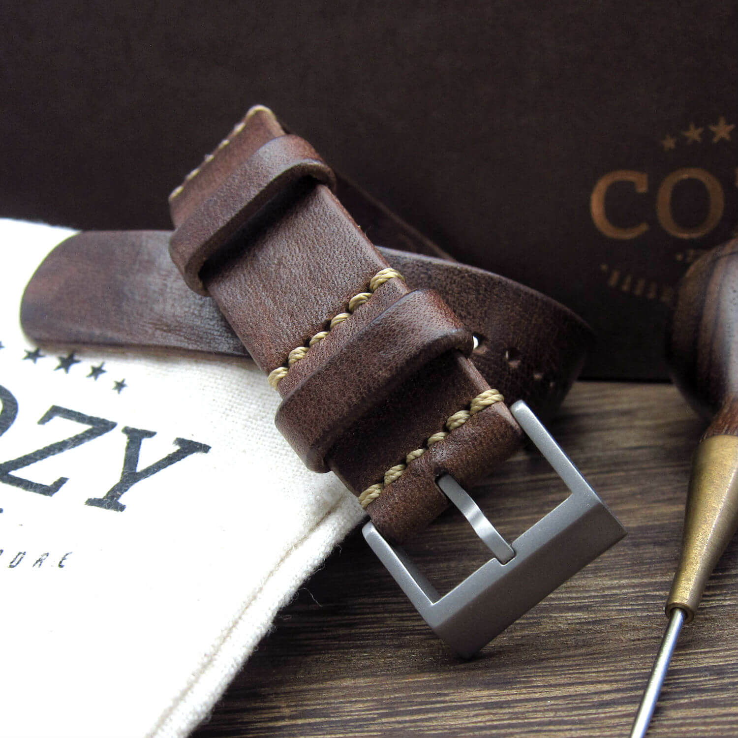 NAT2 Leather Watch Strap, Vintage 405 (Matte Steel Finish Buckle) | Full Grain Italian Veg Tanned | Cozy Handmade