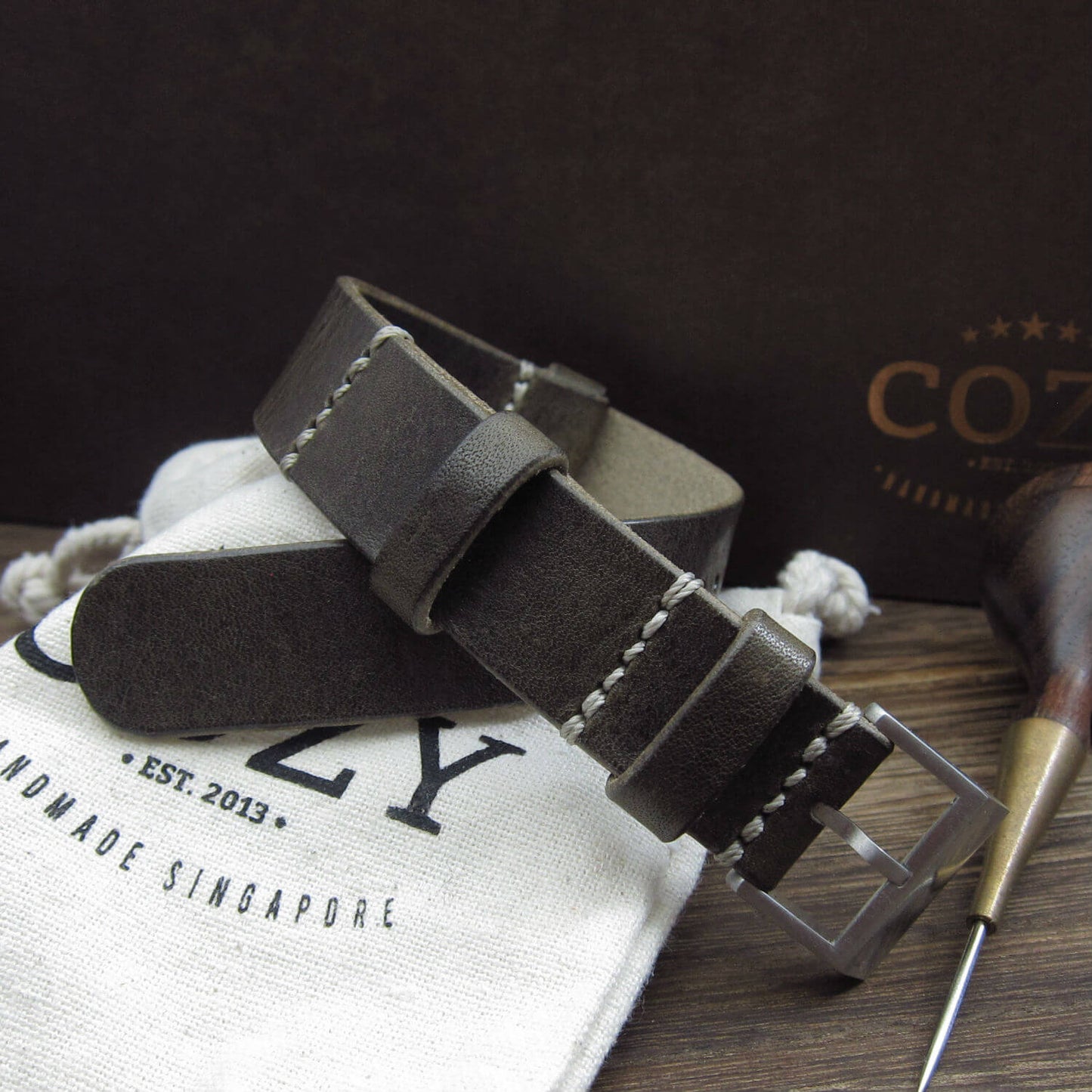 NAT2 Leather Watch Strap, Vintage 408 (Brushed Steel Finish Buckle) | Full Grain Italian Veg Tanned | Cozy Handmade
