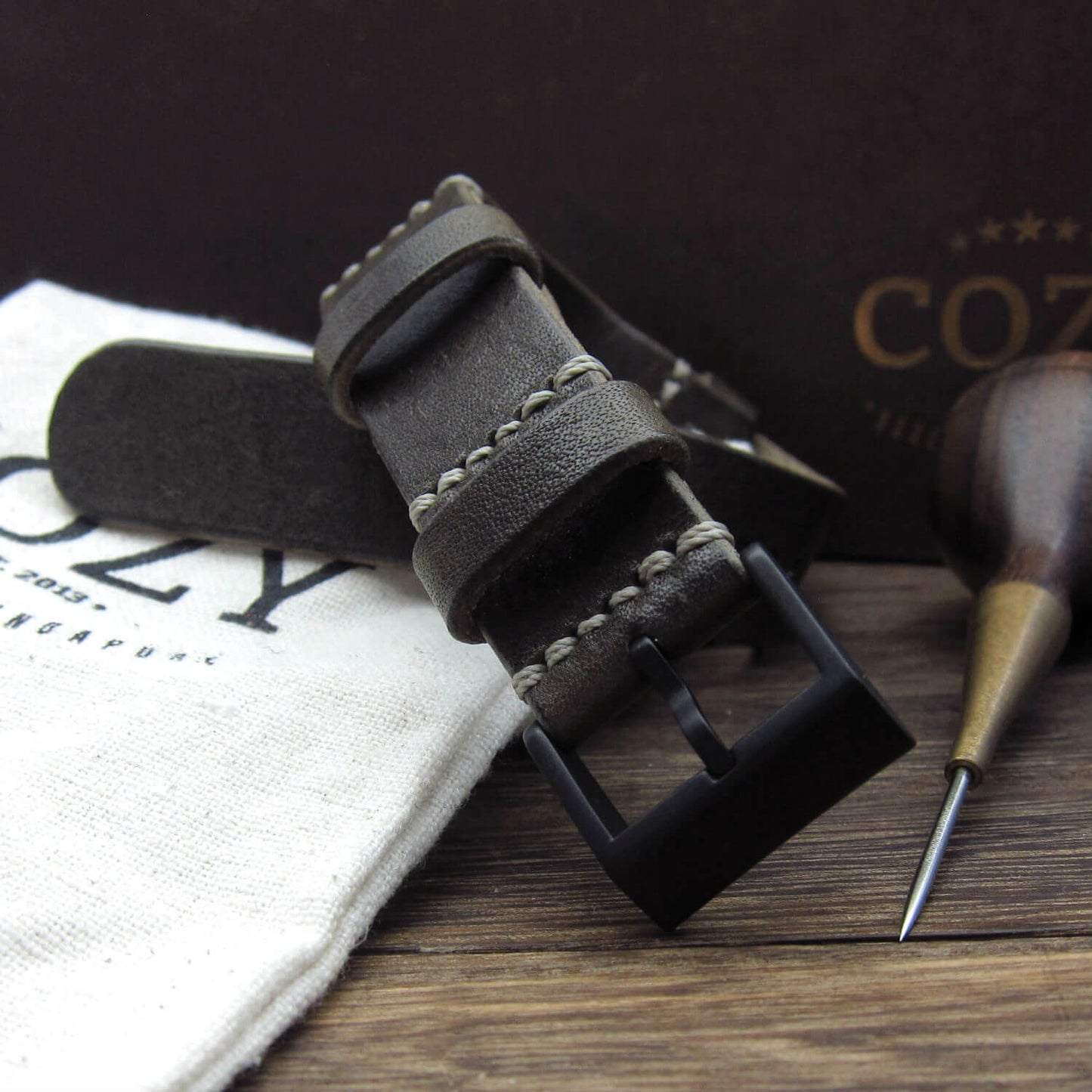 NAT2 Leather Watch Strap, Vintage 408 (Black PVD Finish Buckle) | Full Grain Italian Veg Tanned | Cozy Handmade