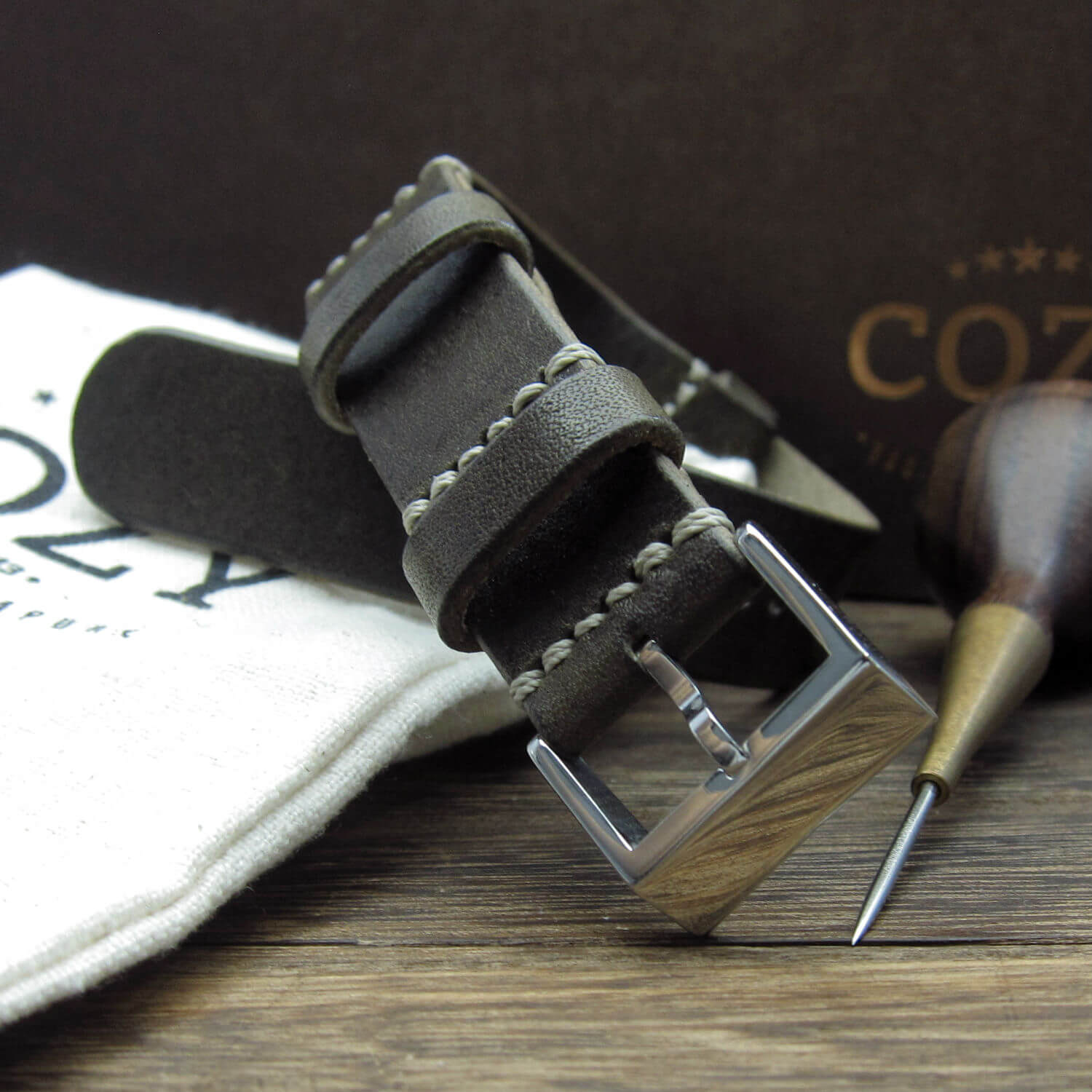 NAT2 Leather Watch Strap, Vintage 408 (Polished Steel Finish Buckle) | Full Grain Italian Veg Tanned | Cozy Handmade
