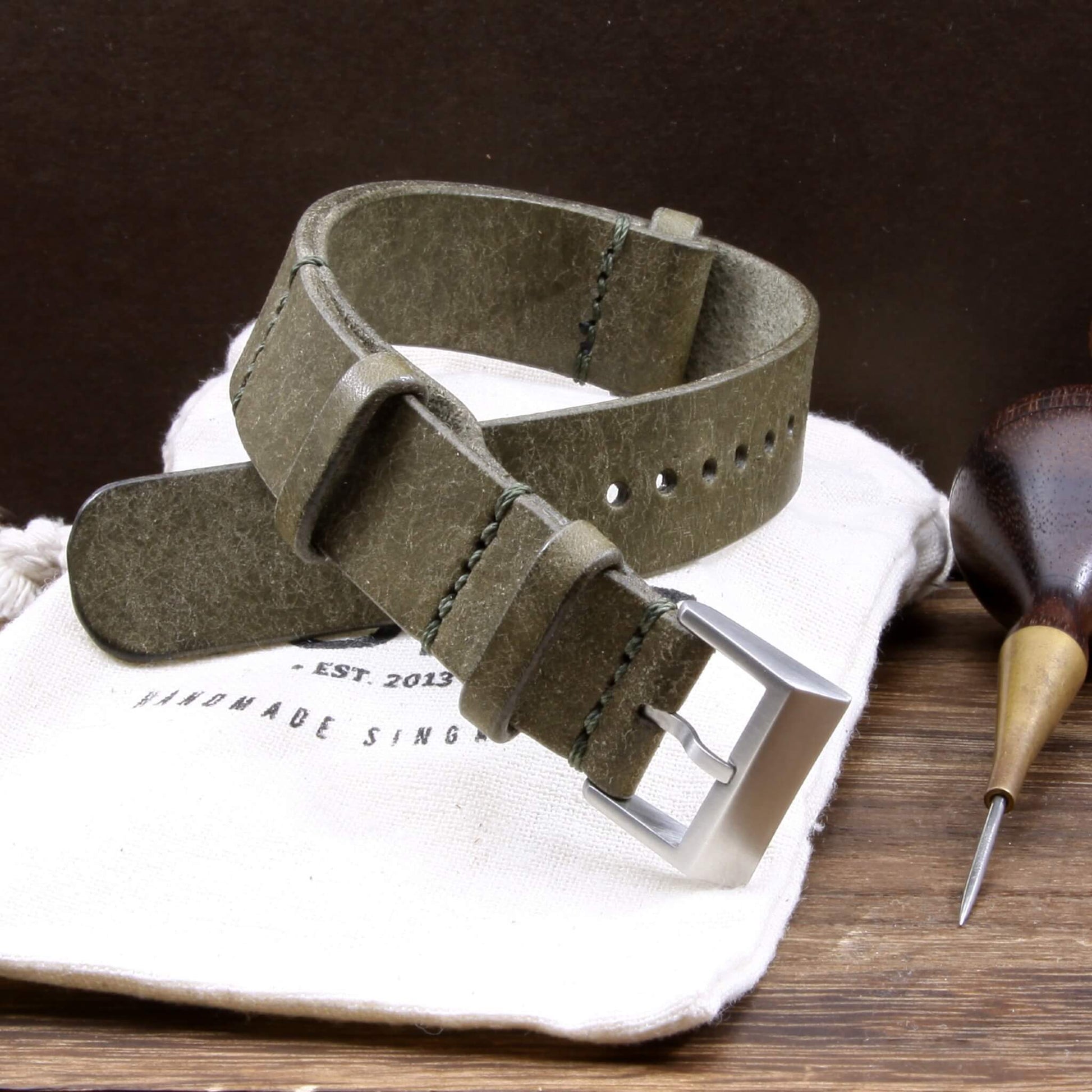 NAT2 Leather Watch Strap, Rustic Olive | Full Grain Italian Veg Tanned | Cozy Handmade