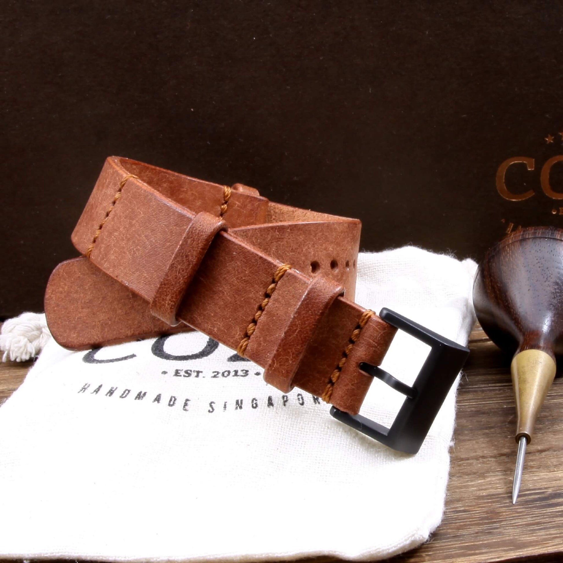 NAT2 Leather Watch Strap, Rustic Russet | Full Grain Italian Veg Tanned | Cozy Handmade