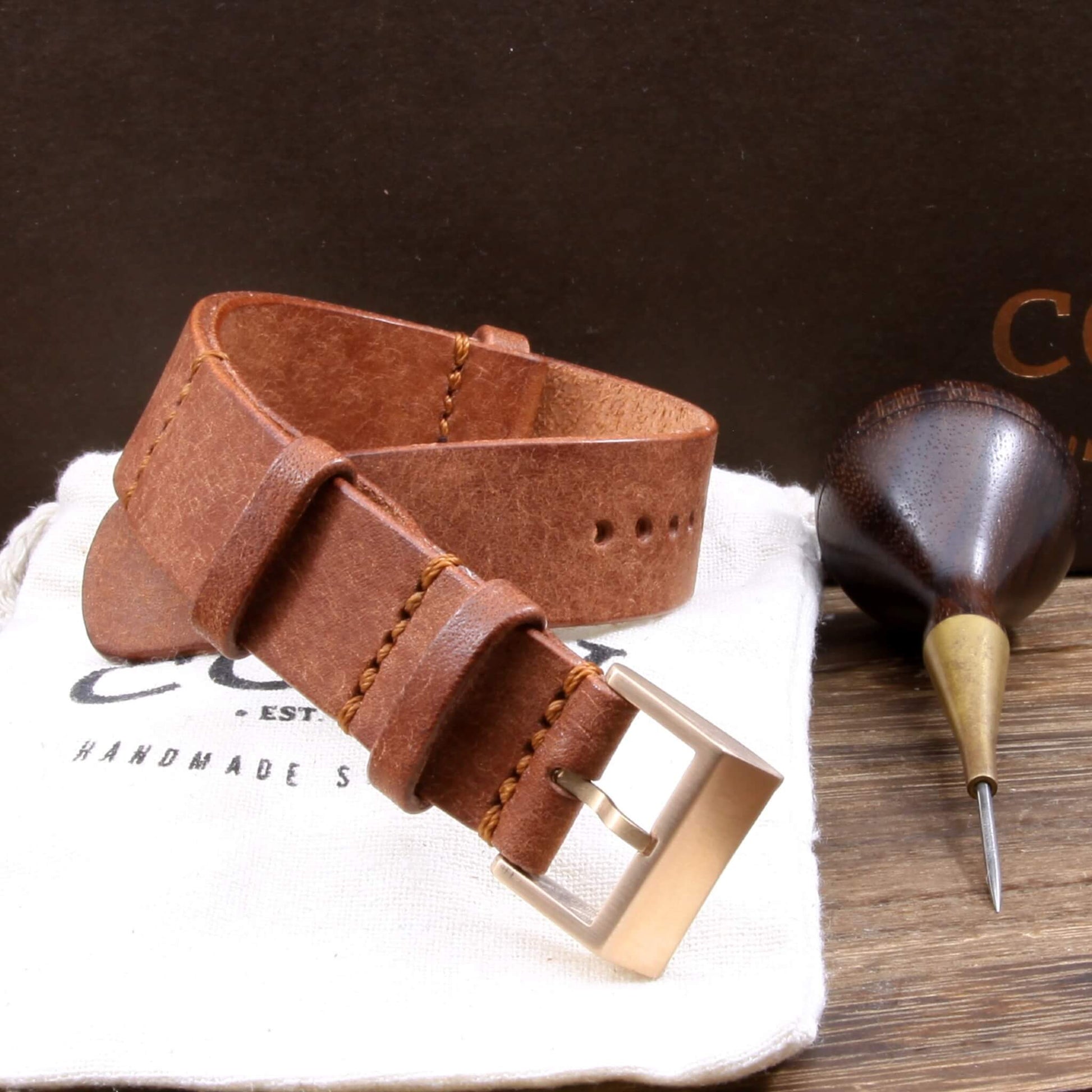 NAT2 Leather Watch Strap, Rustic Russet | Full Grain Italian Veg Tanned | Cozy Handmade