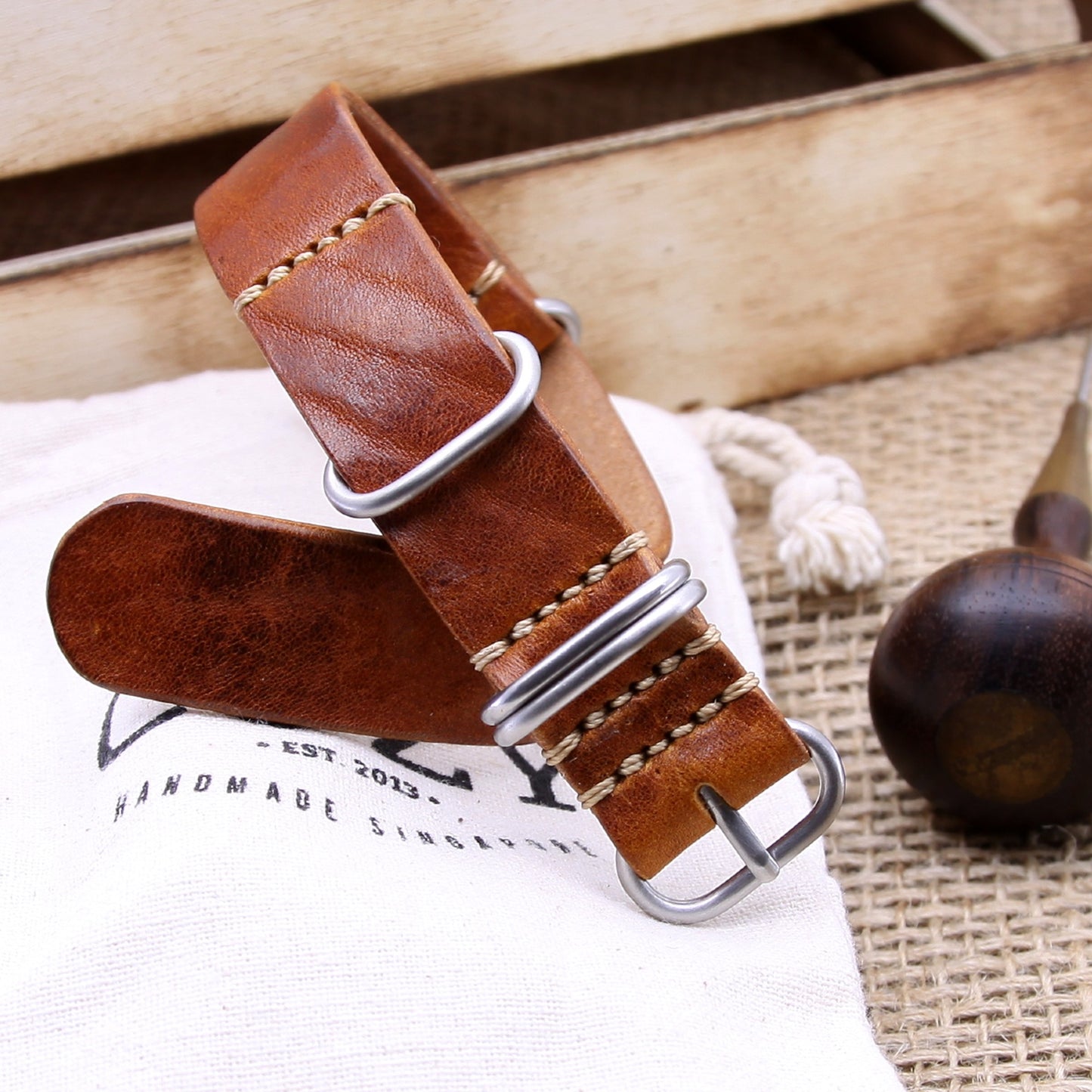 NAT2 Leather Watch Strap, 5-Ring Vintage 403 | Full Grain Italian Veg Tanned | Cozy Handmade