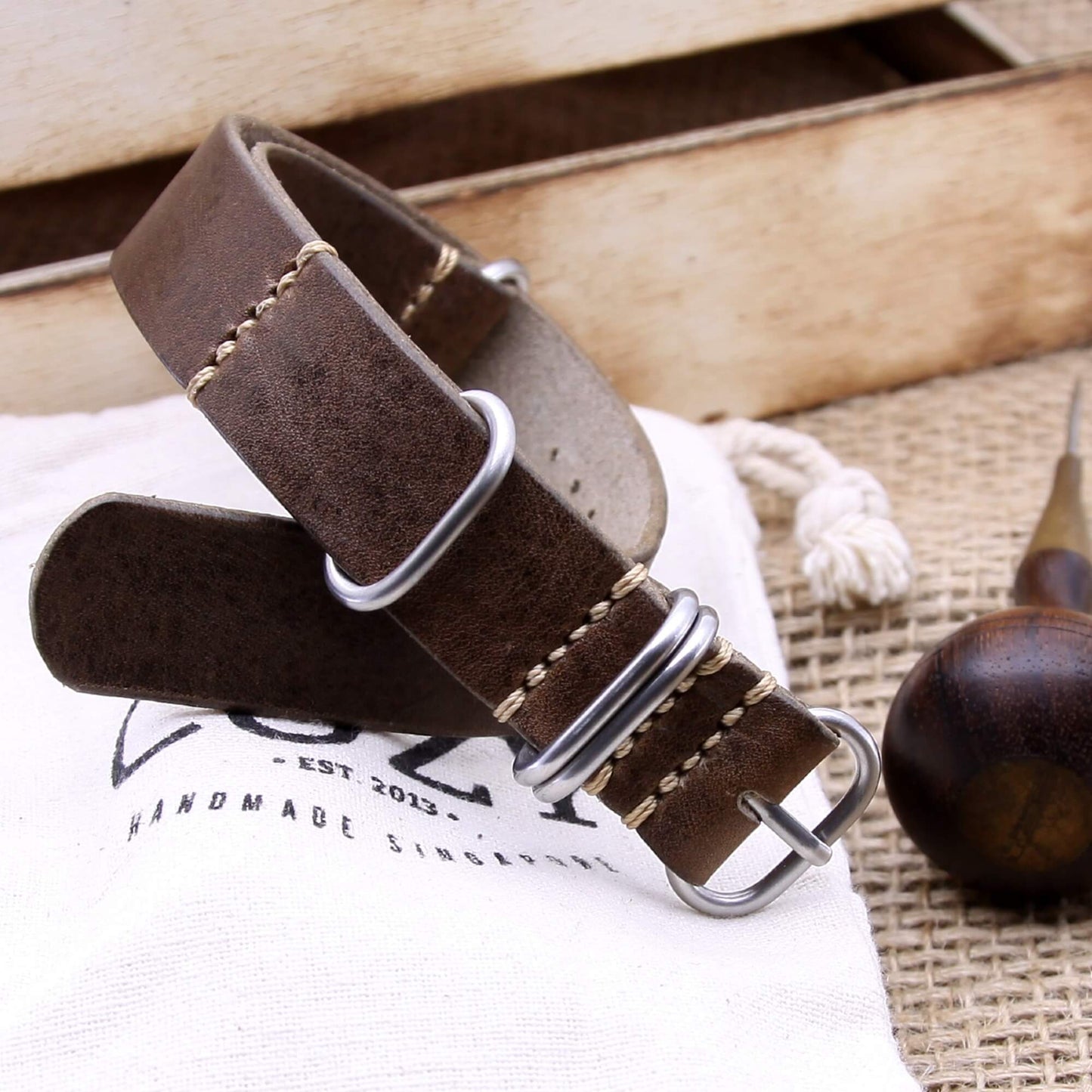 NAT2 Leather Watch Strap, 5-Ring Vintage 404 | Full Grain Italian Veg Tanned | Cozy Handmade