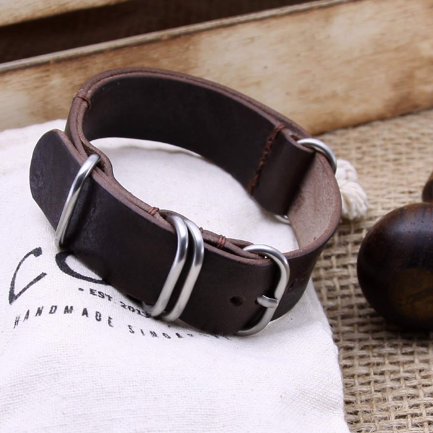 NAT2 Leather Watch Strap, 5-Ring Vintage 406 | Full Grain Italian Vegetable Tanned Leather | Cozy Handmade