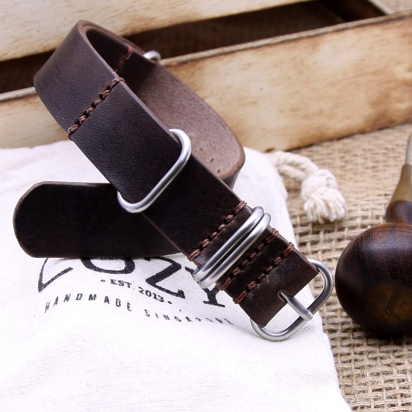 NAT2 Leather Watch Strap, 5-Ring Vintage 406 | Full Grain Italian Vegetable Tanned Leather | Cozy Handmade