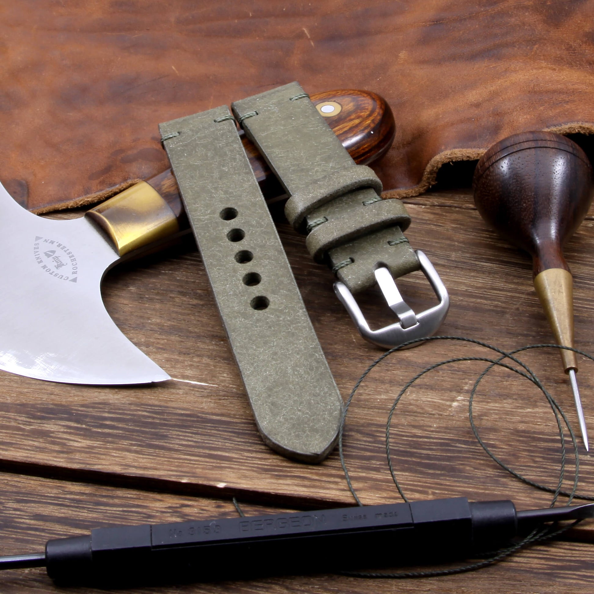 Leather Watch Strap, Rustic Olive | Full Grain Italian Veg Tanned Leather | Cozy Handmade