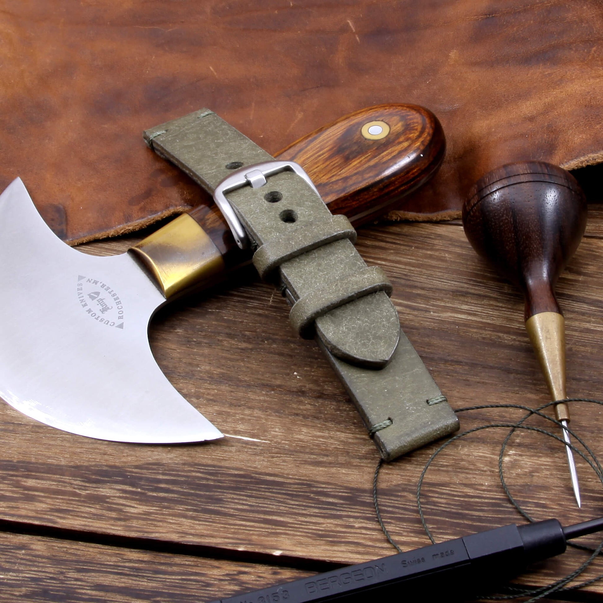 Leather Watch Strap, Rustic Olive | Full Grain Italian Veg Tanned Leather | Cozy Handmade